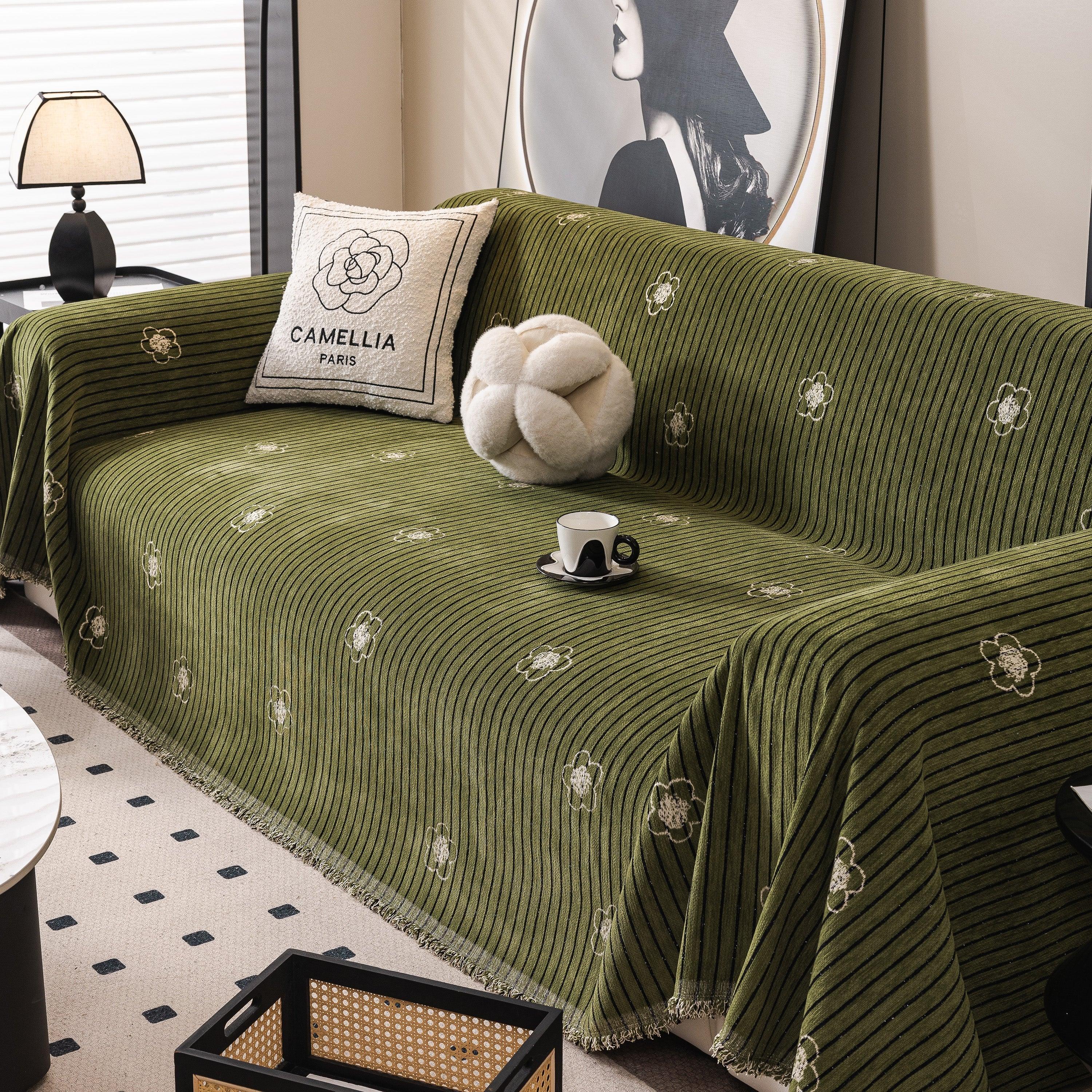 Chenille Camellia Floral Sofa Throw Cover Couch Blanket with Striped Jacquard - TaroTextile