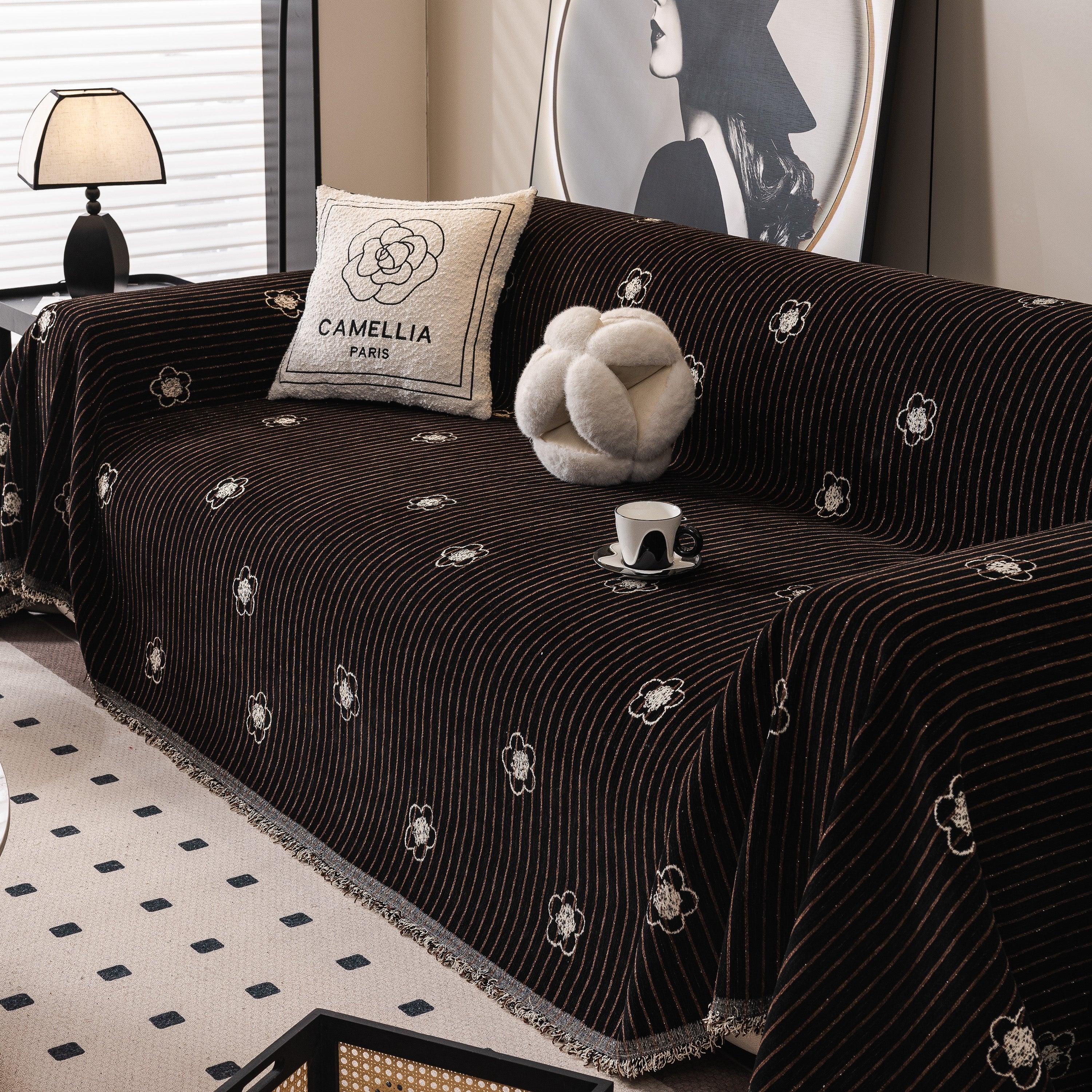 Chenille Camellia Floral Sofa Throw Cover Couch Blanket with Striped Jacquard - TaroTextile