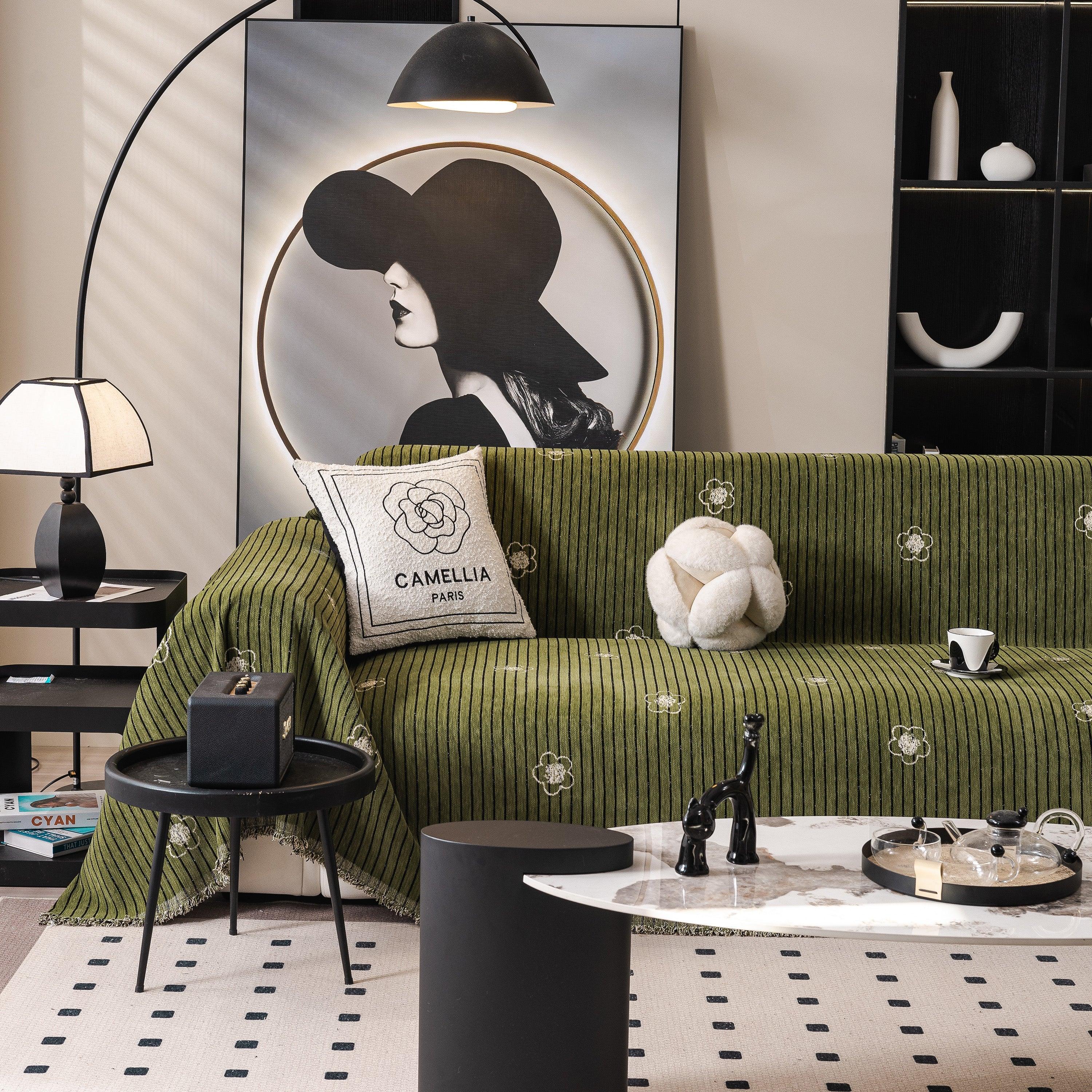 Chenille Camellia Floral Sofa Throw Cover Couch Blanket with Striped Jacquard - TaroTextile