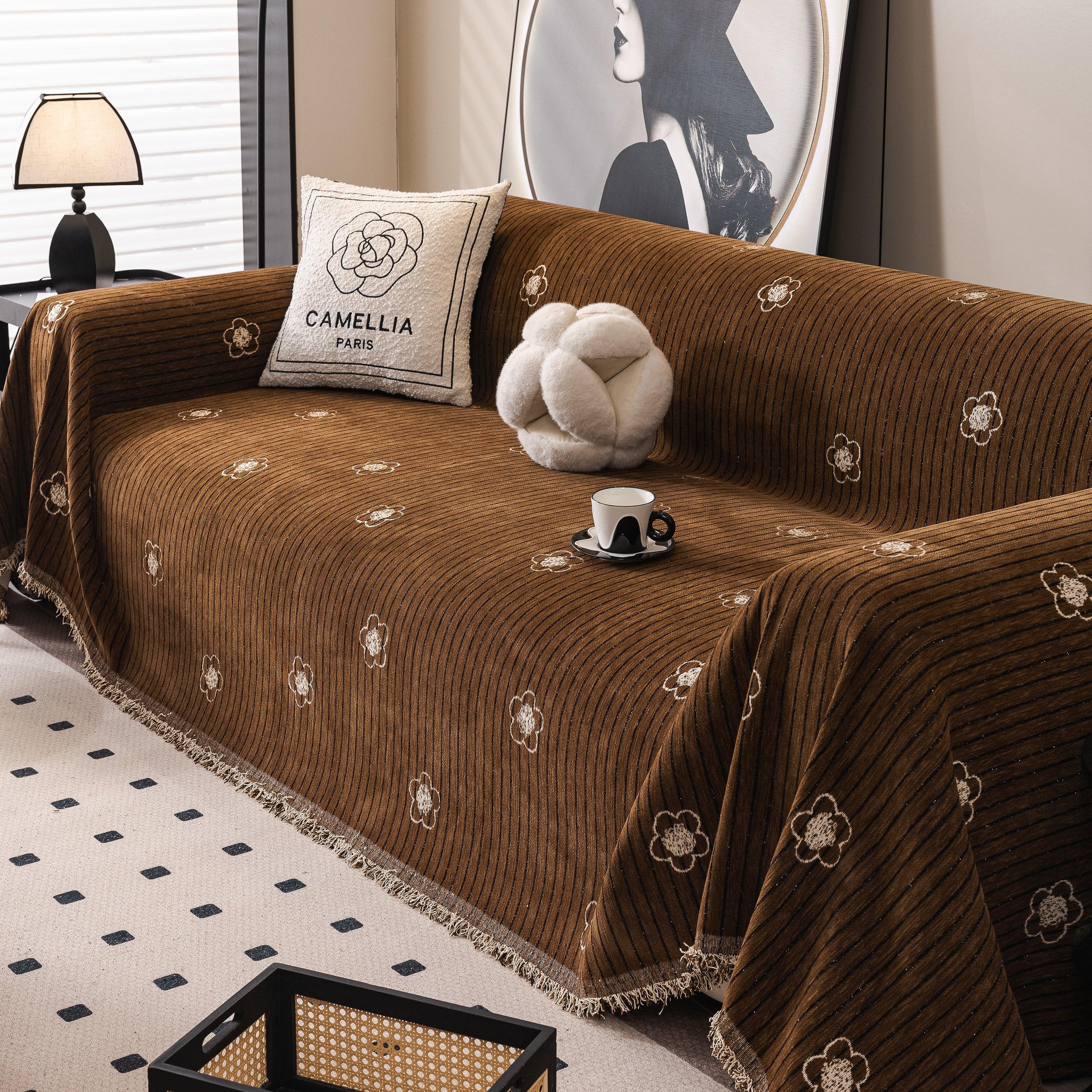 Chenille Camellia Floral Sofa Throw Cover Couch Blanket with Striped Jacquard - TaroTextile