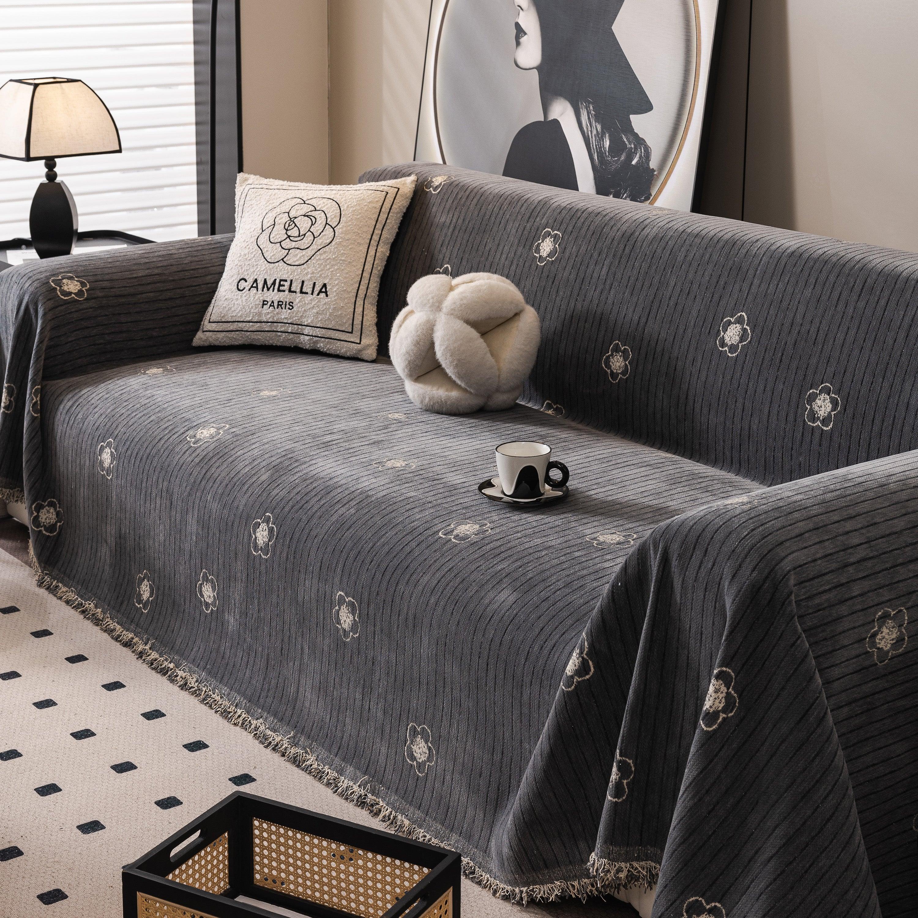 Chenille Camellia Floral Sofa Throw Cover Couch Blanket with Striped Jacquard - TaroTextile