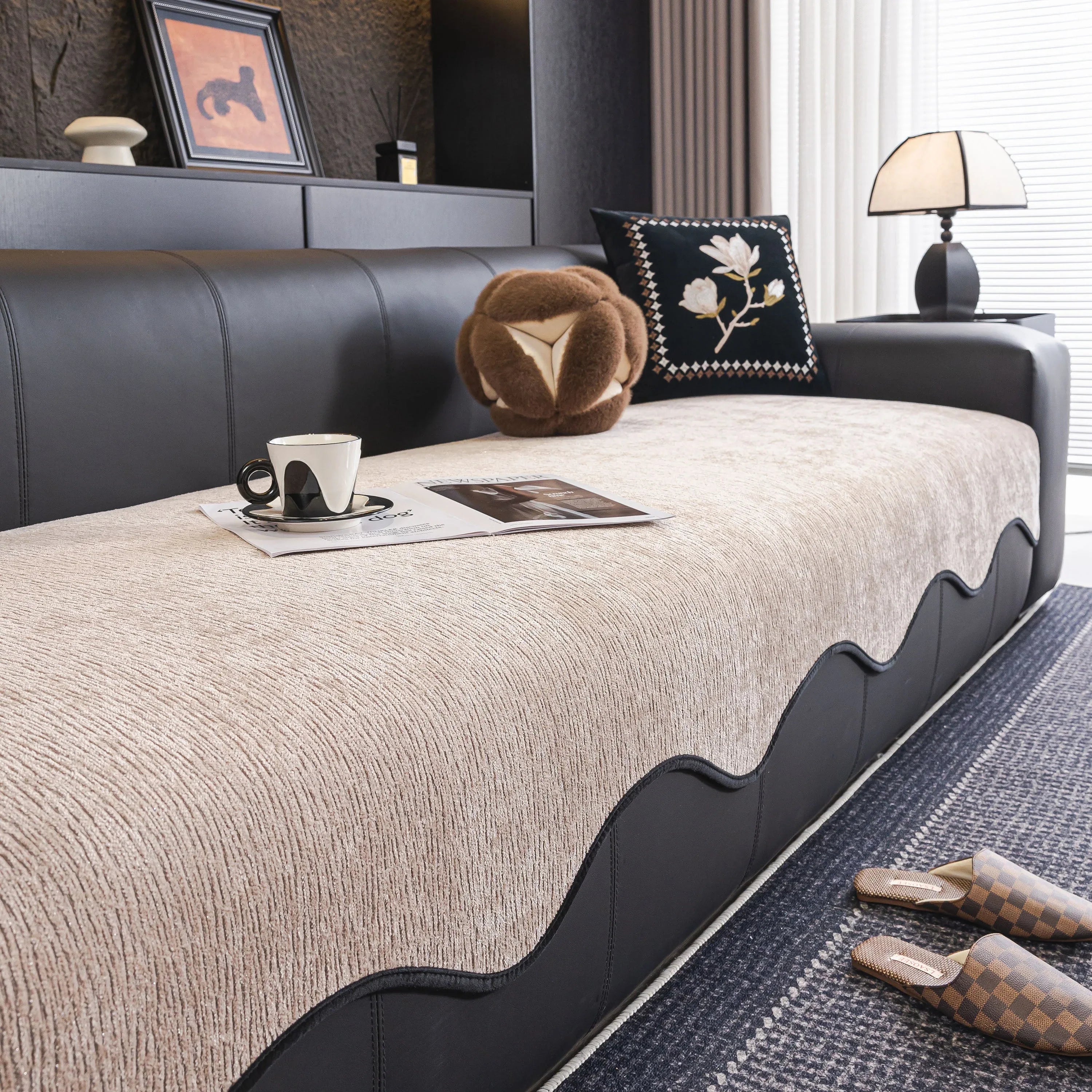 Chenille Couch Cover with Scalloped Edge, Non-Slip Modular Slipcover Sectional - TaroTextile