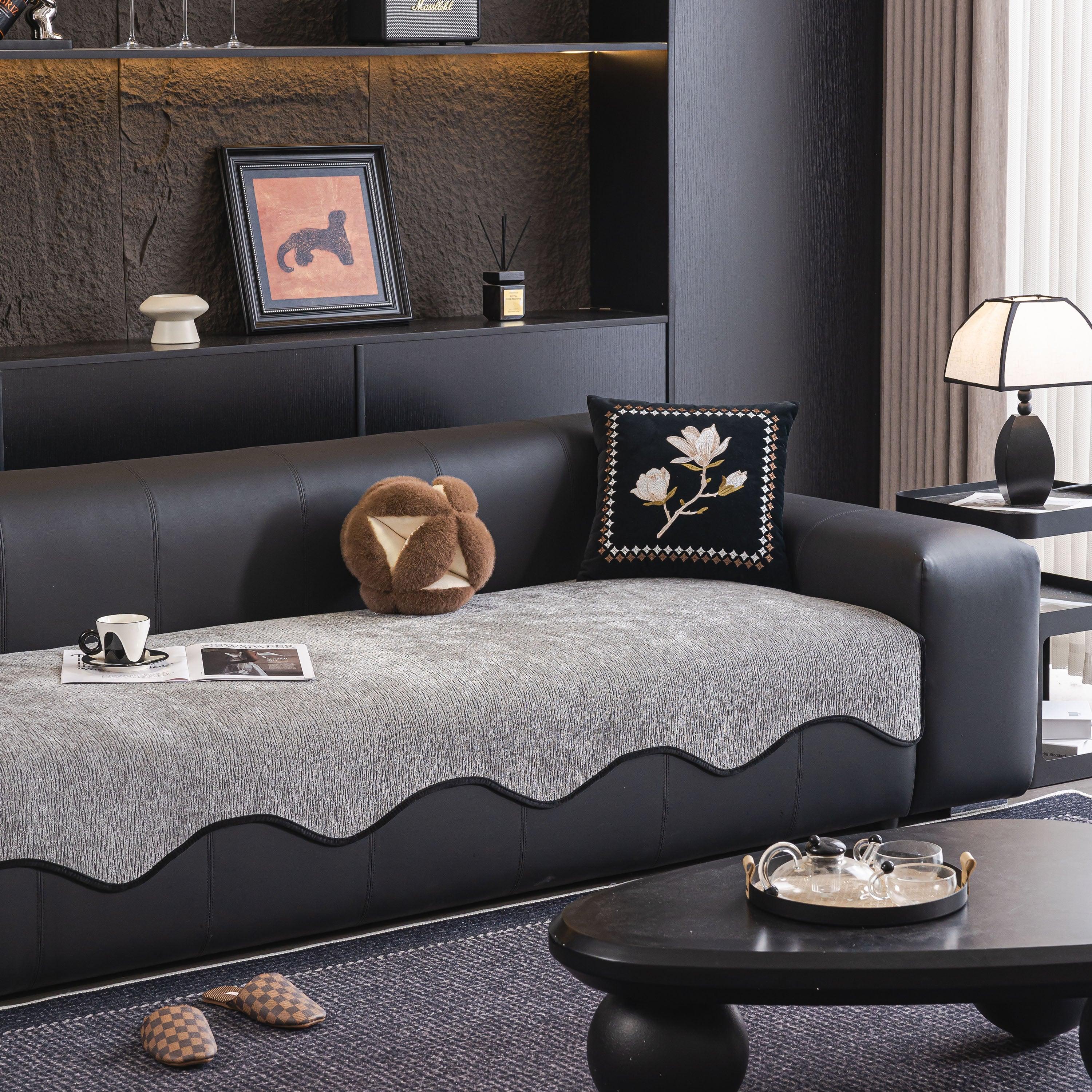 Chenille Couch Cover with Scalloped Edge, Non-Slip Modular Slipcover Sectional - TaroTextile