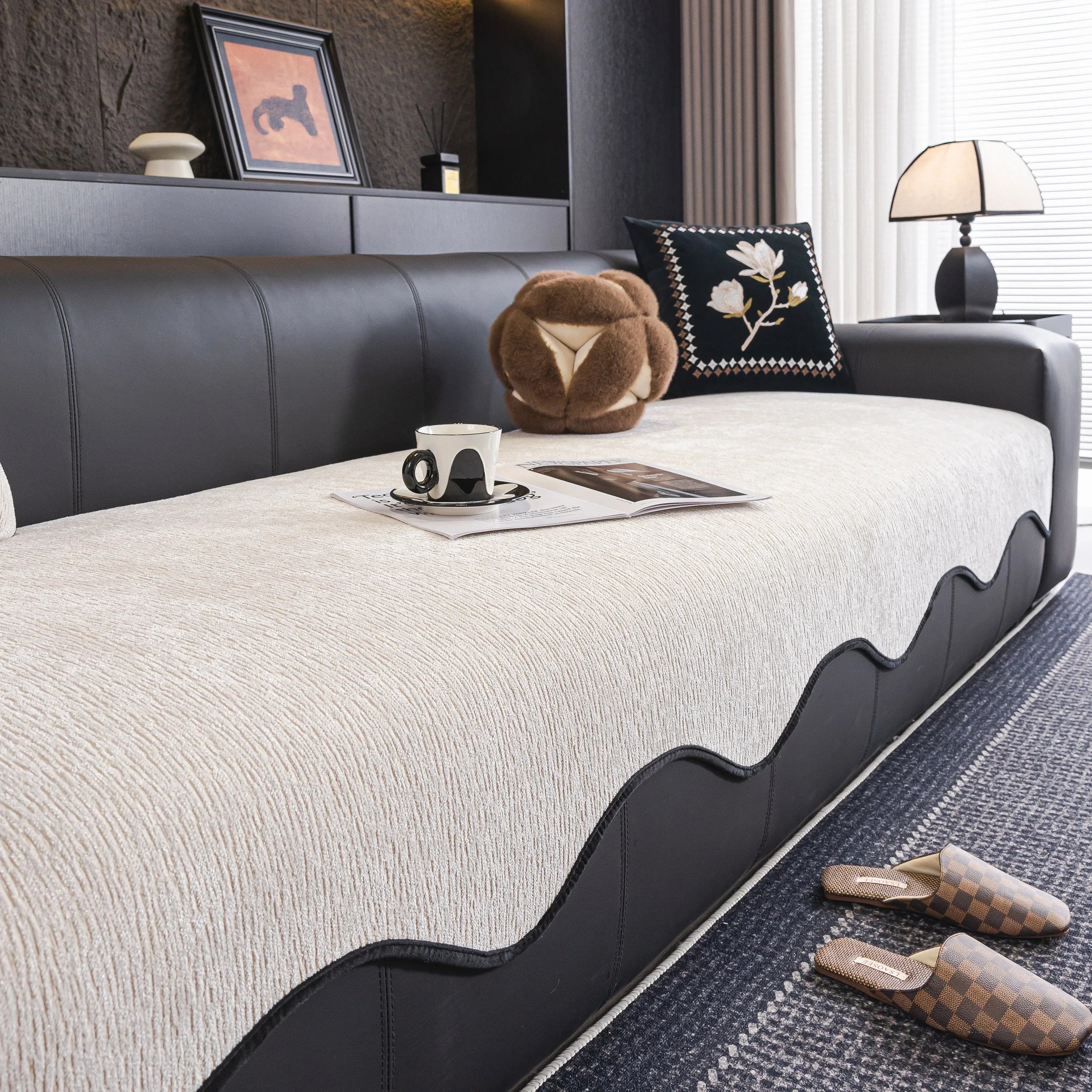 Chenille Couch Cover with Scalloped Edge, Non-Slip Modular Slipcover Sectional - TaroTextile