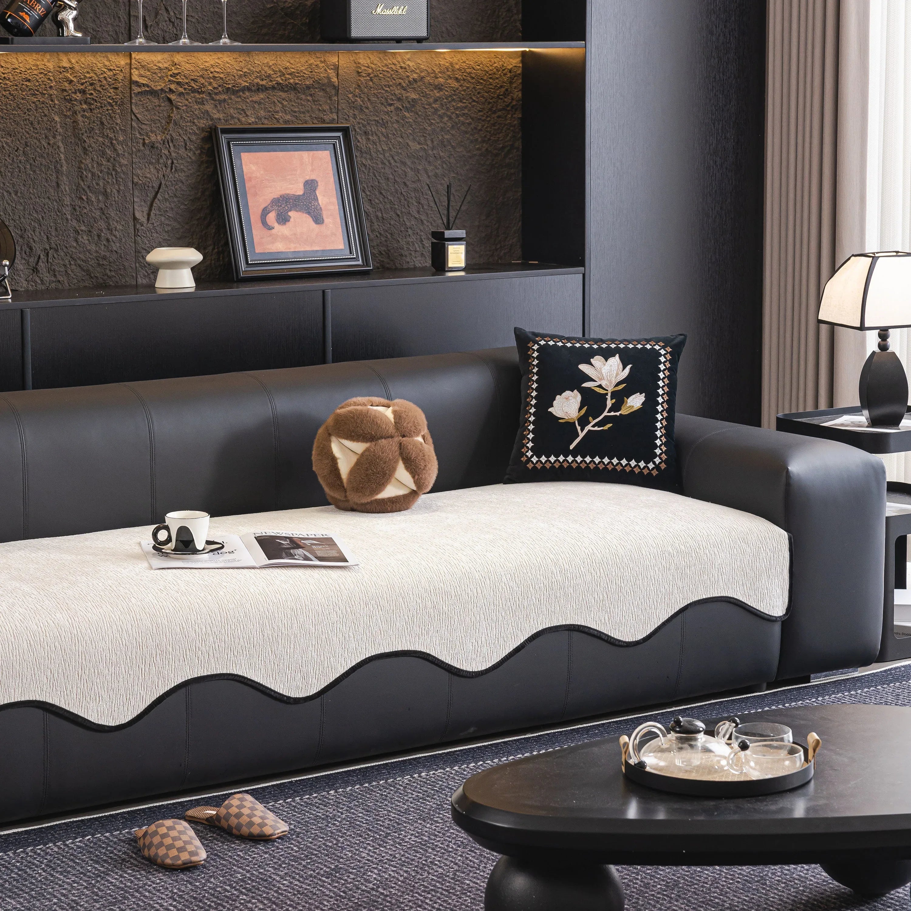 Chenille Couch Cover with Scalloped Edge, Non-Slip Modular Slipcover Sectional - TaroTextile