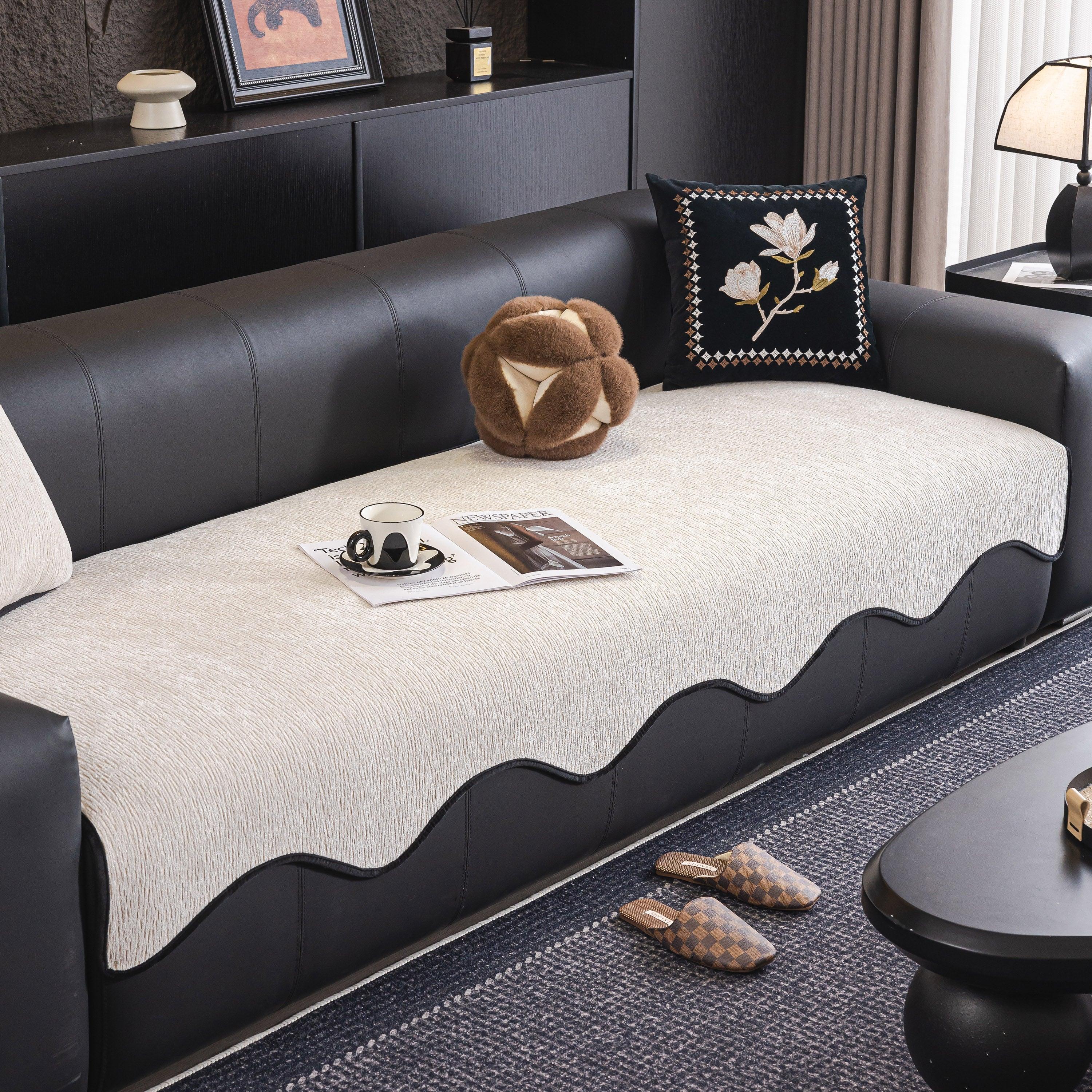 Chenille Couch Cover with Scalloped Edge, Non-Slip Modular Slipcover Sectional - TaroTextile