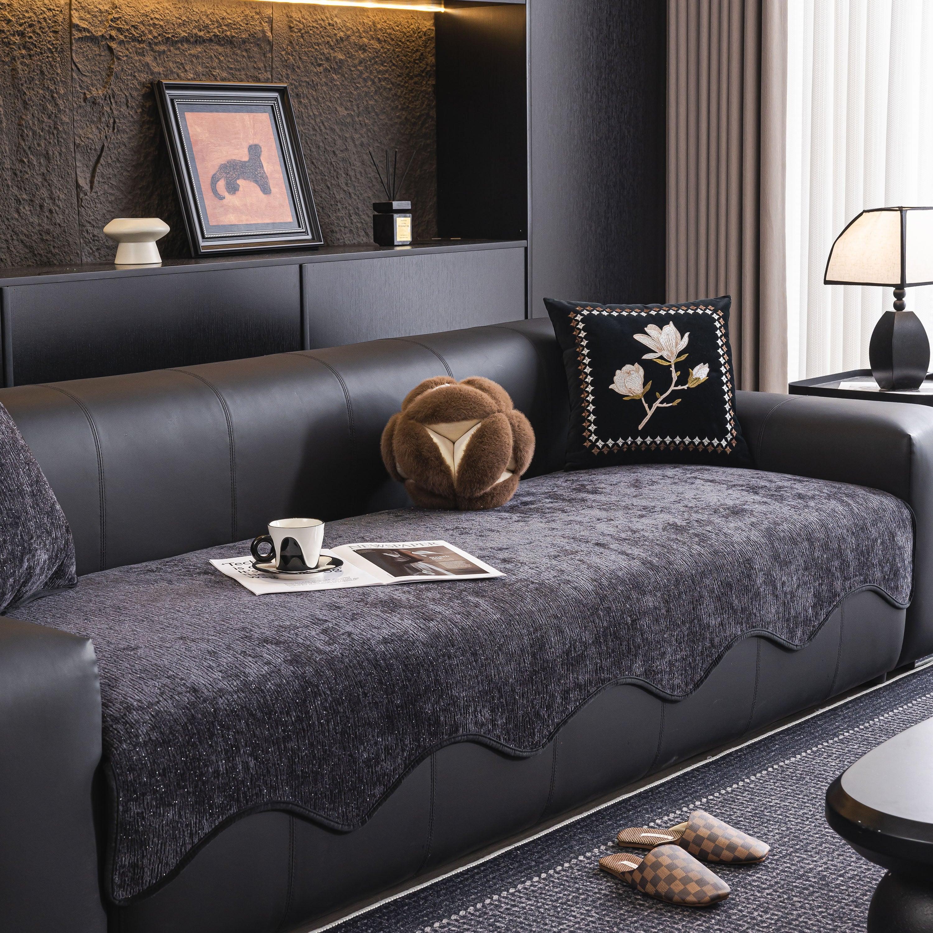 Chenille Couch Cover with Scalloped Edge, Non-Slip Modular Slipcover Sectional - TaroTextile