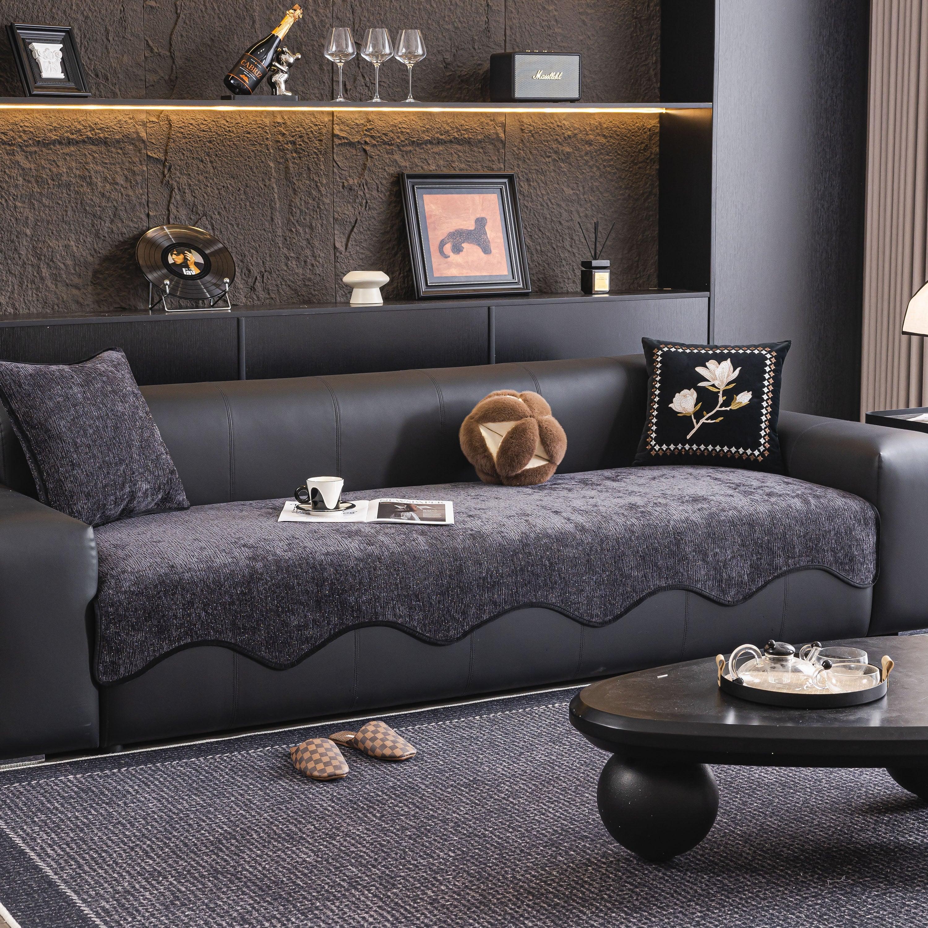 Chenille Couch Cover with Scalloped Edge, Non-Slip Modular Slipcover Sectional - TaroTextile