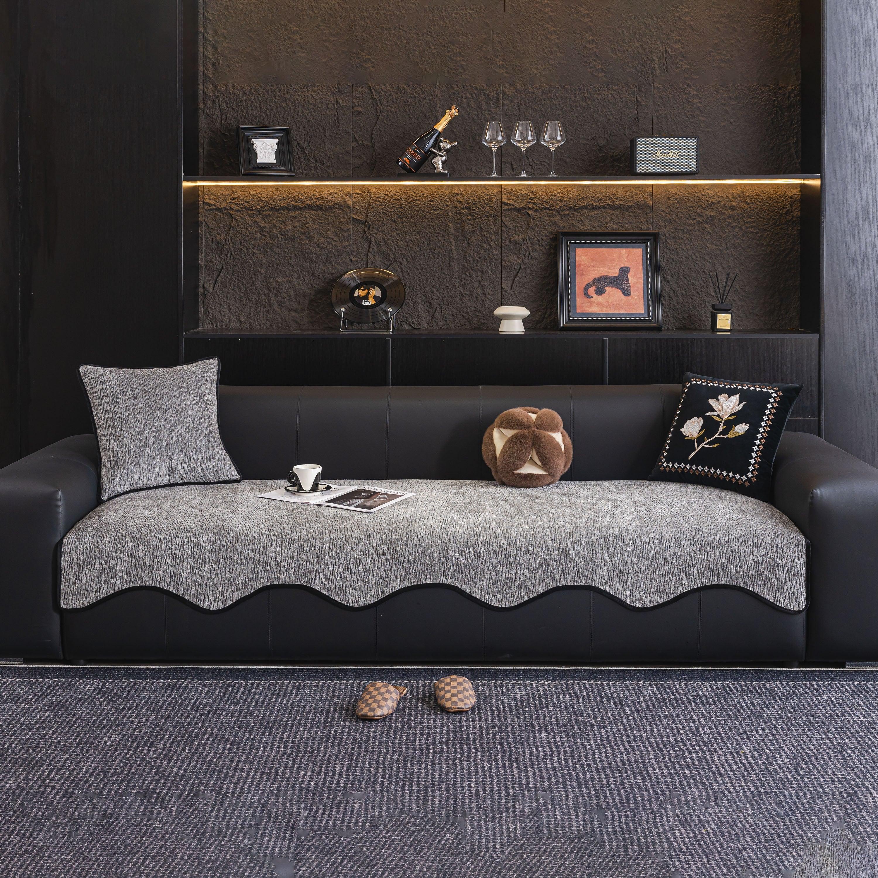 Chenille Couch Cover with Scalloped Edge, Non-Slip Modular Slipcover Sectional - TaroTextile