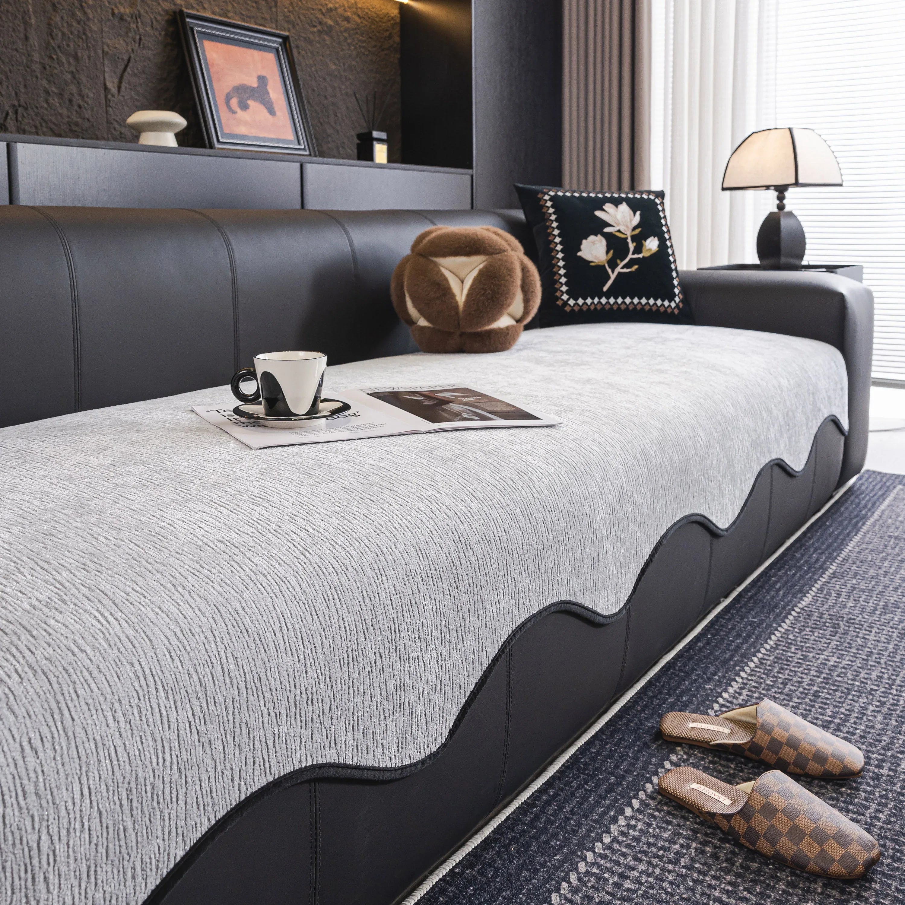 Chenille Couch Cover with Scalloped Edge, Non-Slip Modular Slipcover Sectional - TaroTextile