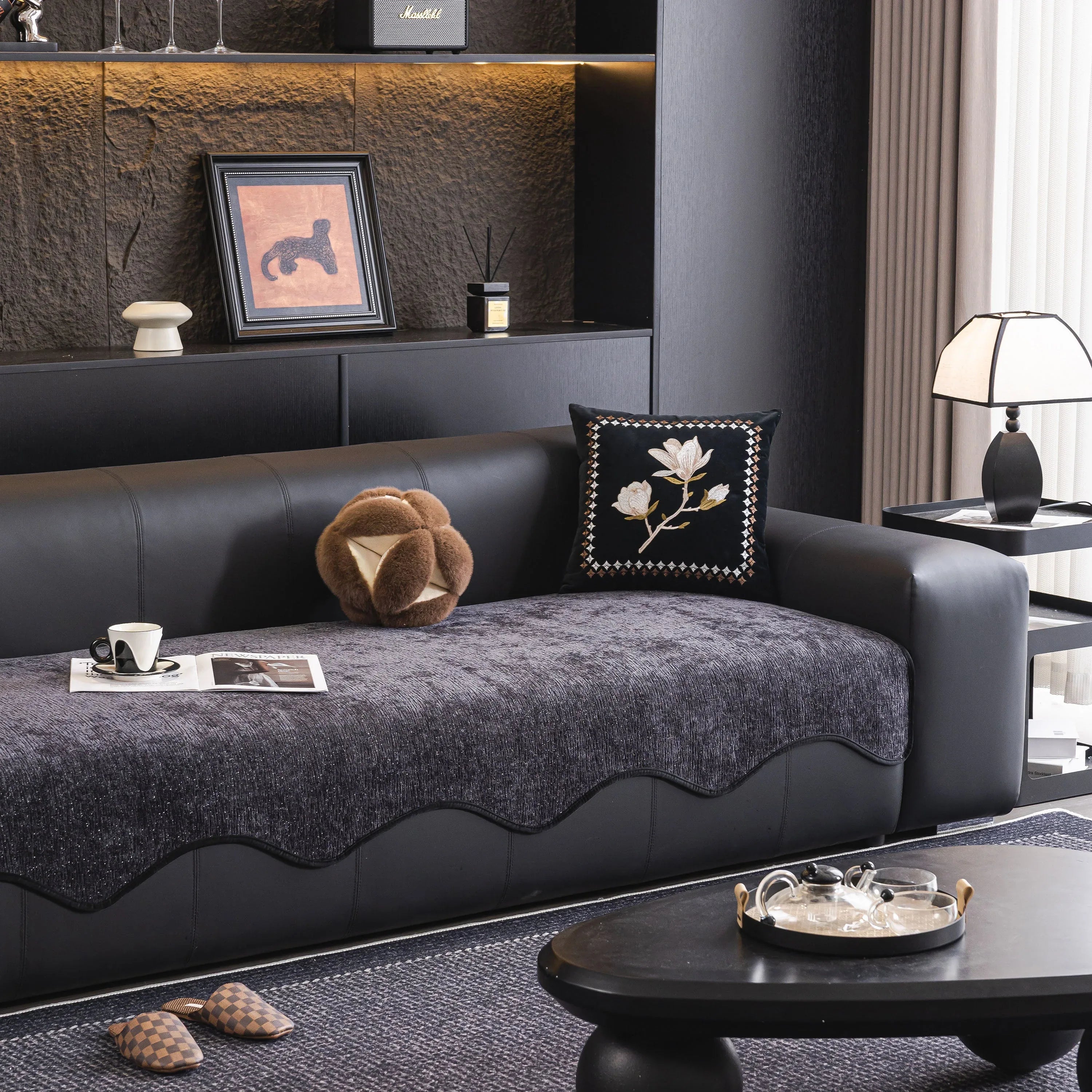 Chenille Couch Cover with Scalloped Edge, Non-Slip Modular Slipcover Sectional - TaroTextile