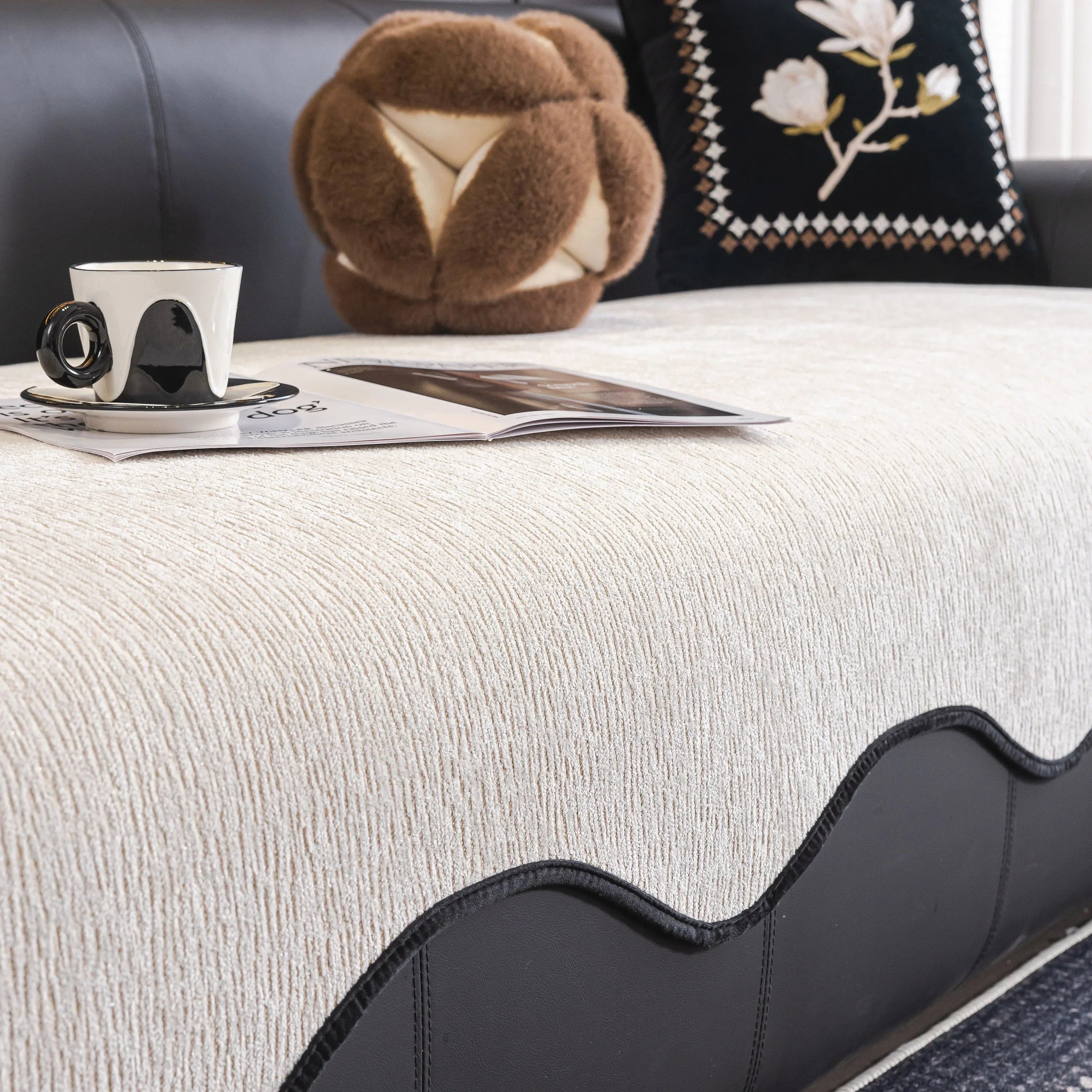 Chenille Couch Cover with Scalloped Edge, Non-Slip Modular Slipcover Sectional - TaroTextile