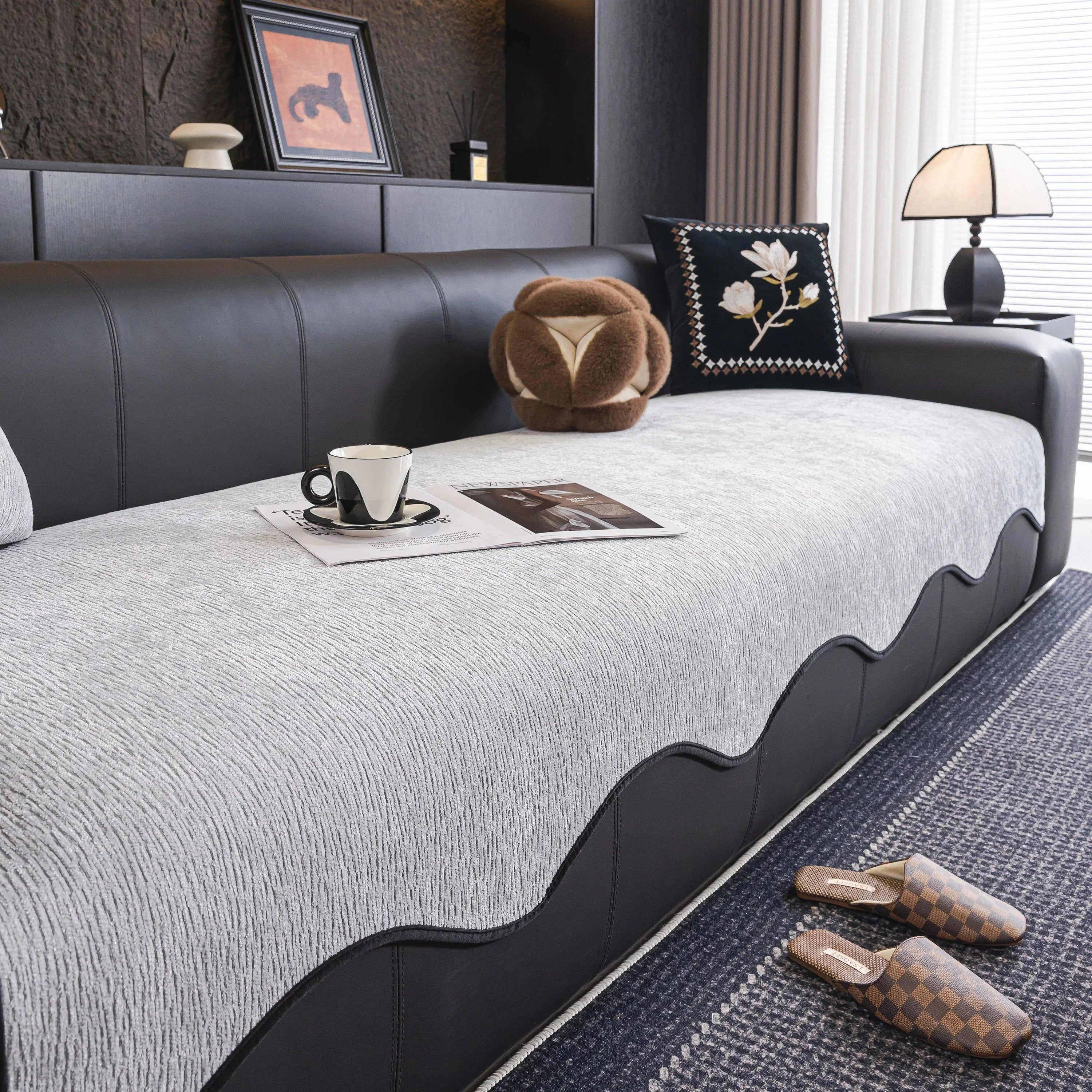 Chenille Couch Cover with Scalloped Edge, Non-Slip Modular Slipcover Sectional - TaroTextile