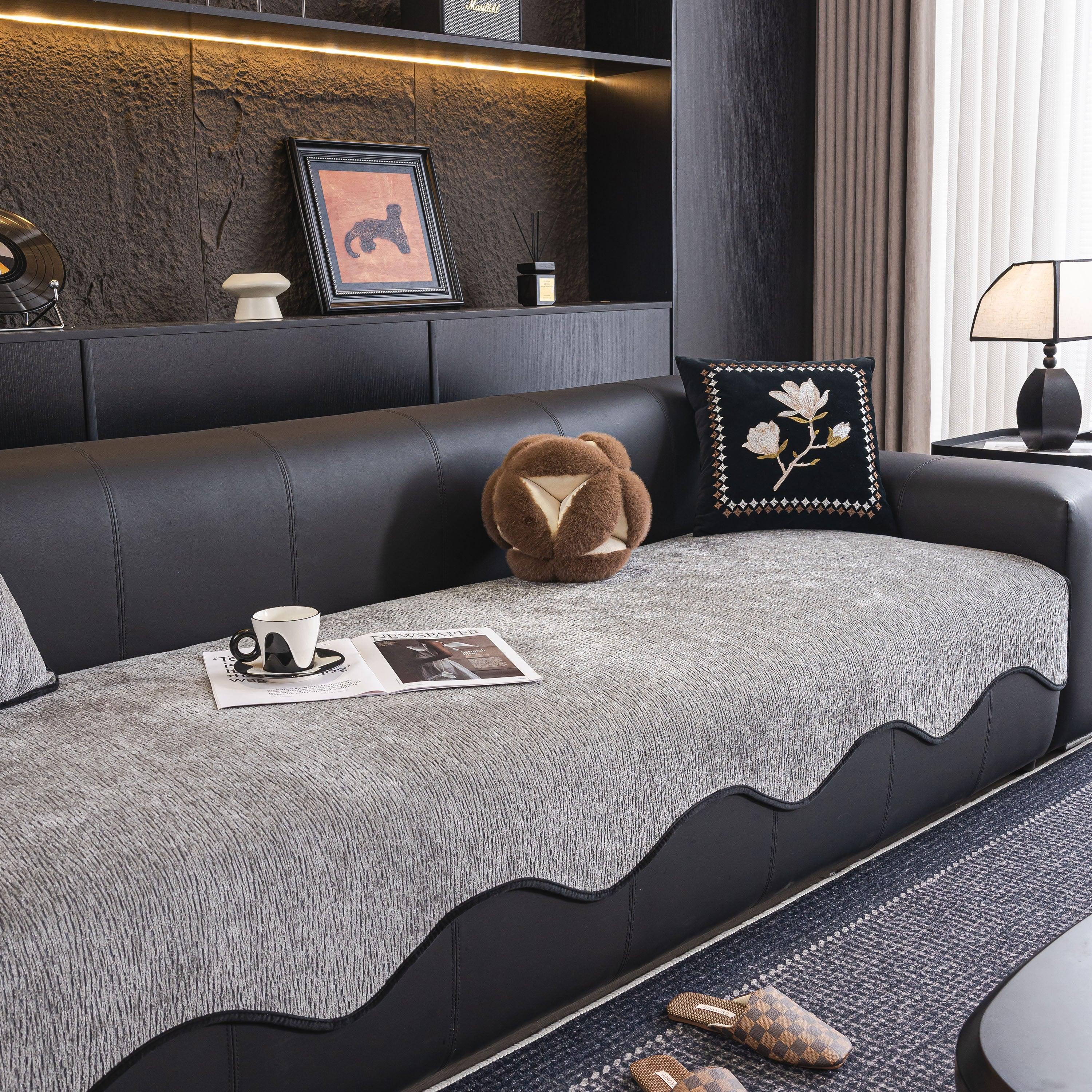 Chenille Couch Cover with Scalloped Edge, Non-Slip Modular Slipcover Sectional - TaroTextile