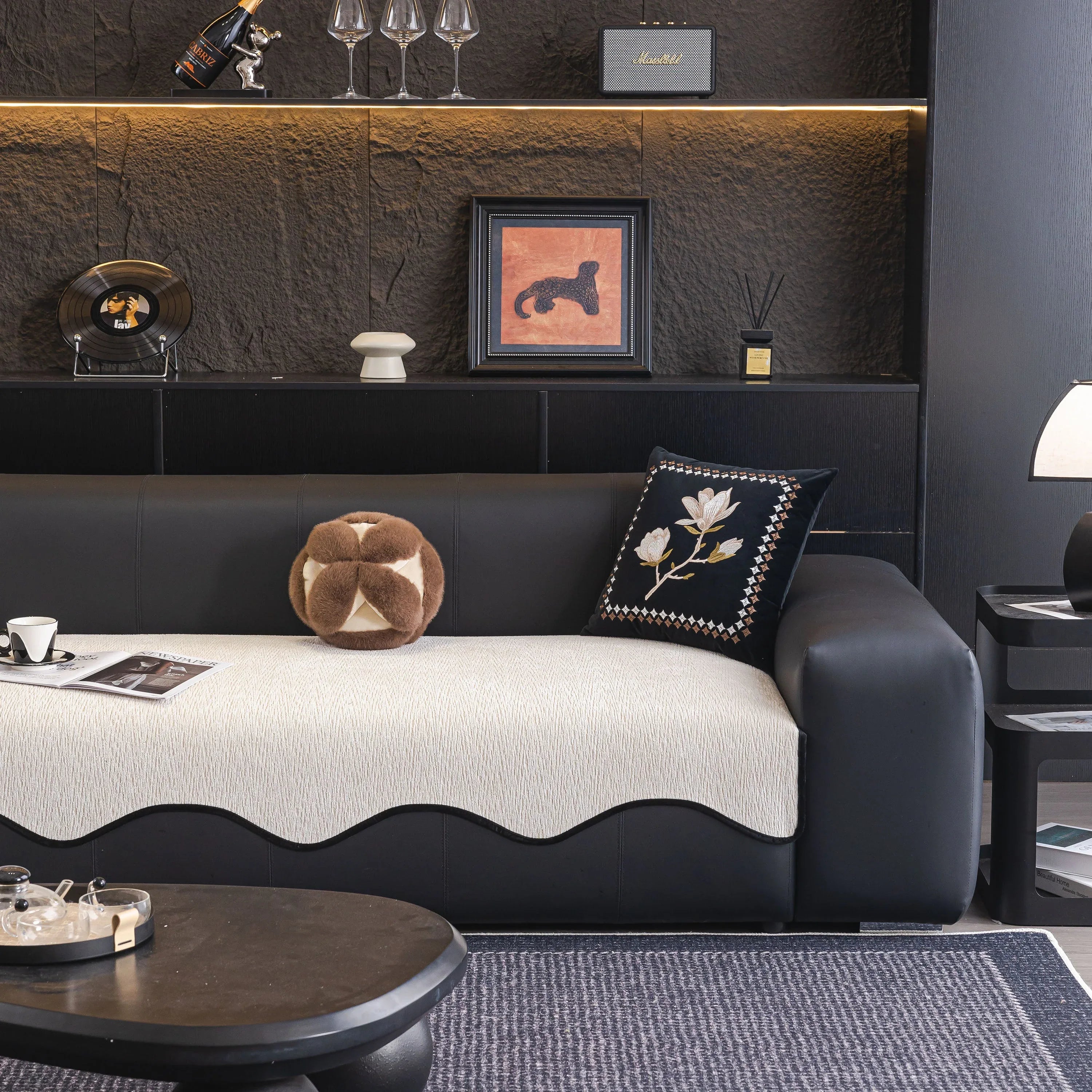 Chenille Couch Cover with Scalloped Edge, Non-Slip Modular Slipcover Sectional - TaroTextile