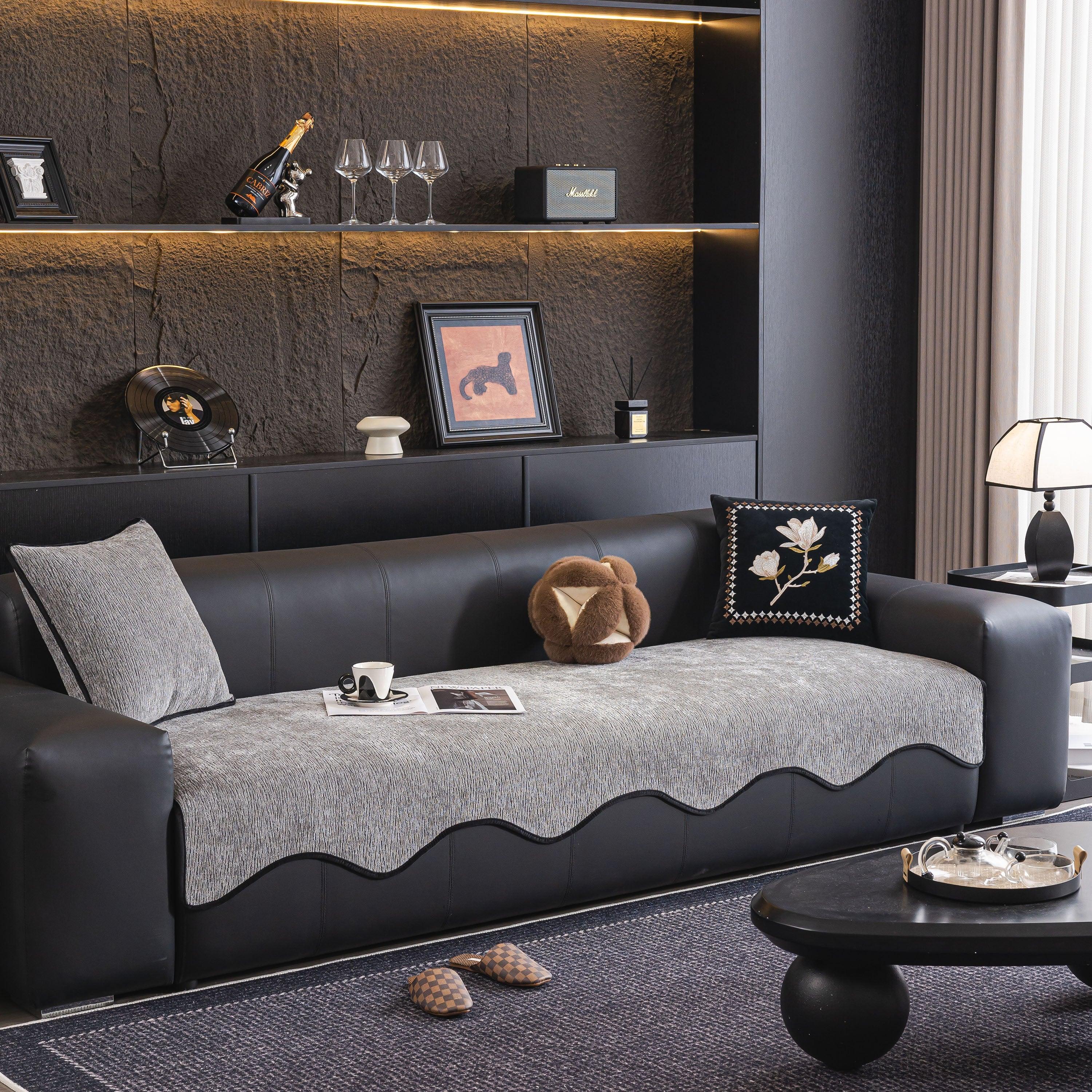 Chenille Couch Cover with Scalloped Edge, Non-Slip Modular Slipcover Sectional - TaroTextile