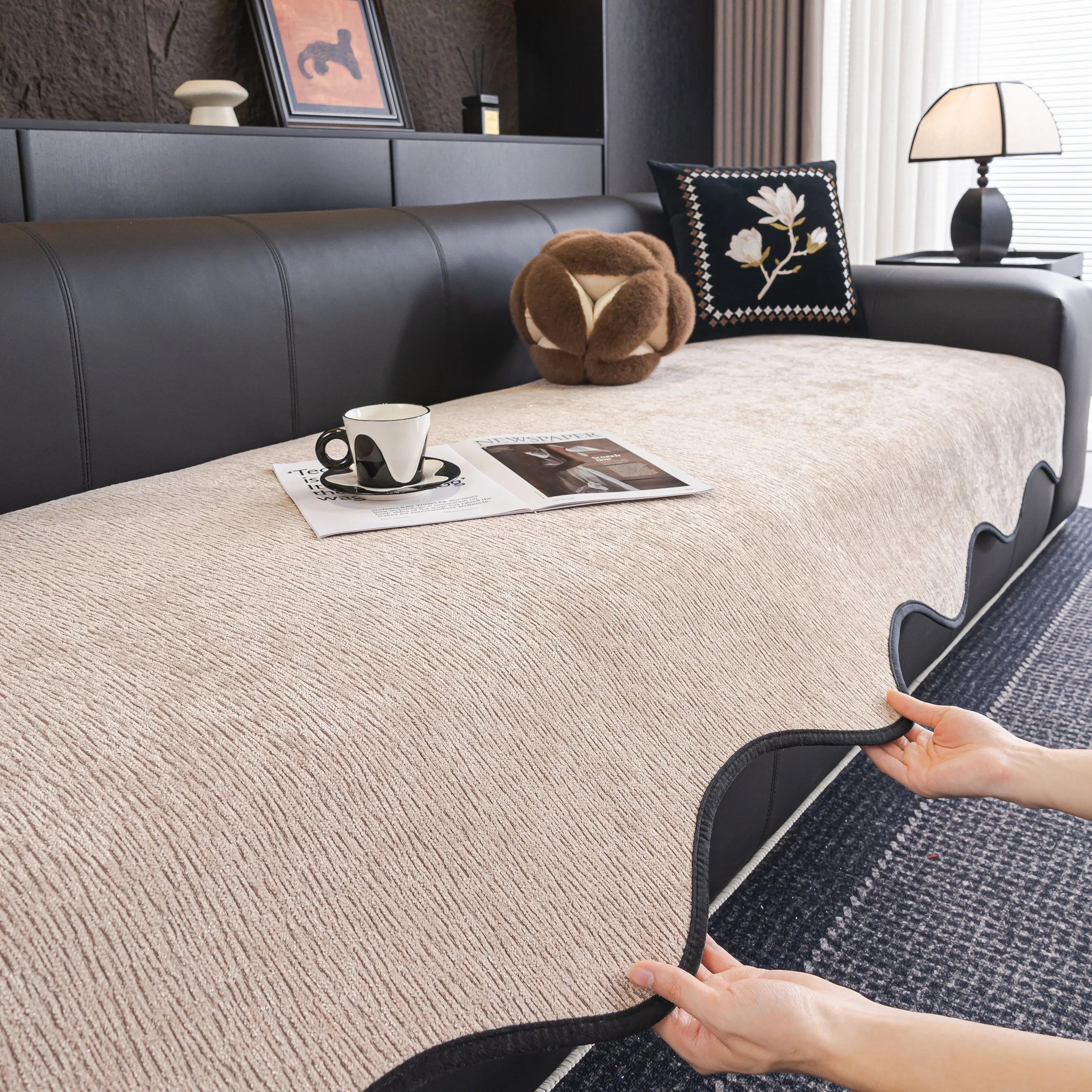 Chenille Couch Cover with Scalloped Edge, Non-Slip Modular Slipcover Sectional - TaroTextile