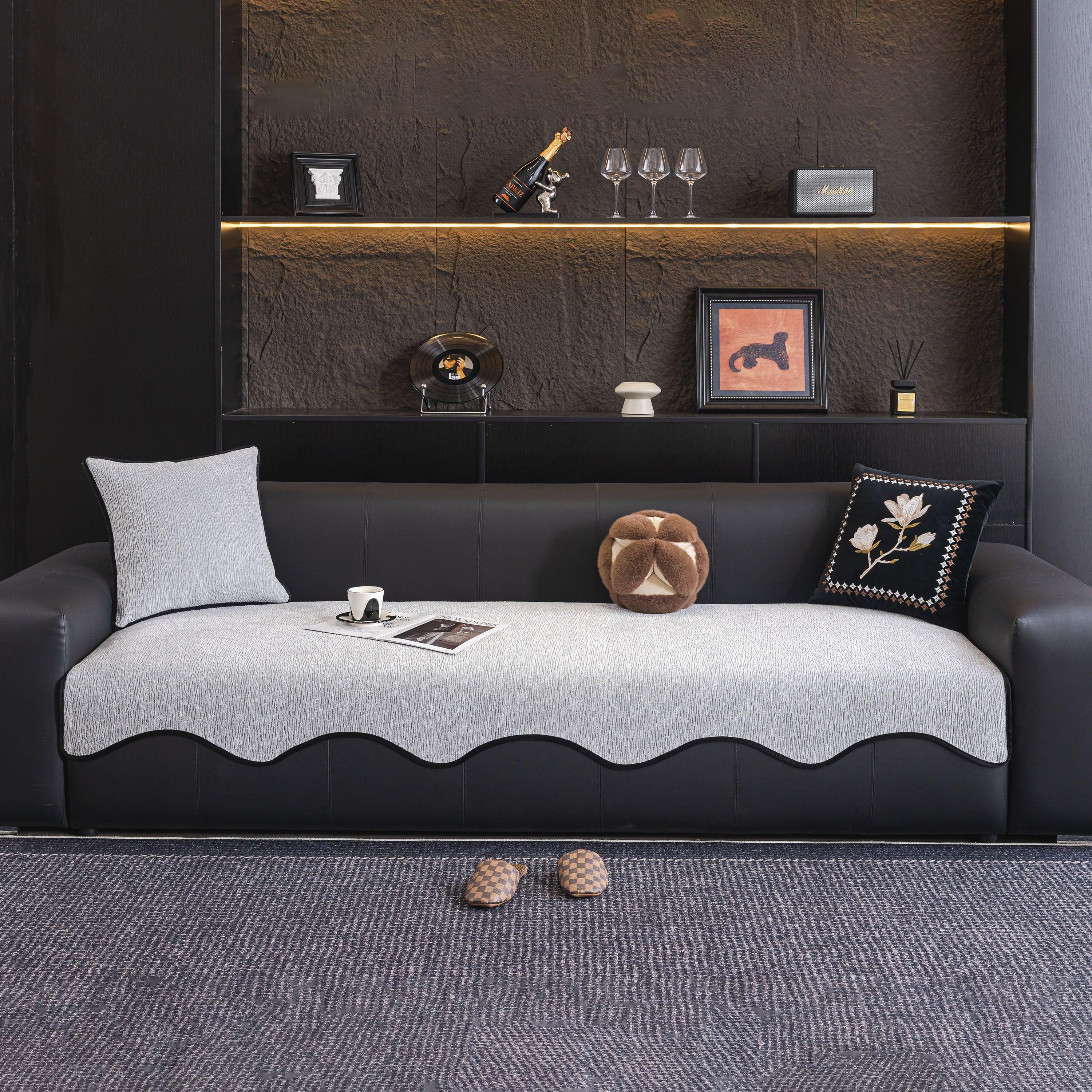 Chenille Couch Cover with Scalloped Edge, Non-Slip Modular Slipcover Sectional - TaroTextile