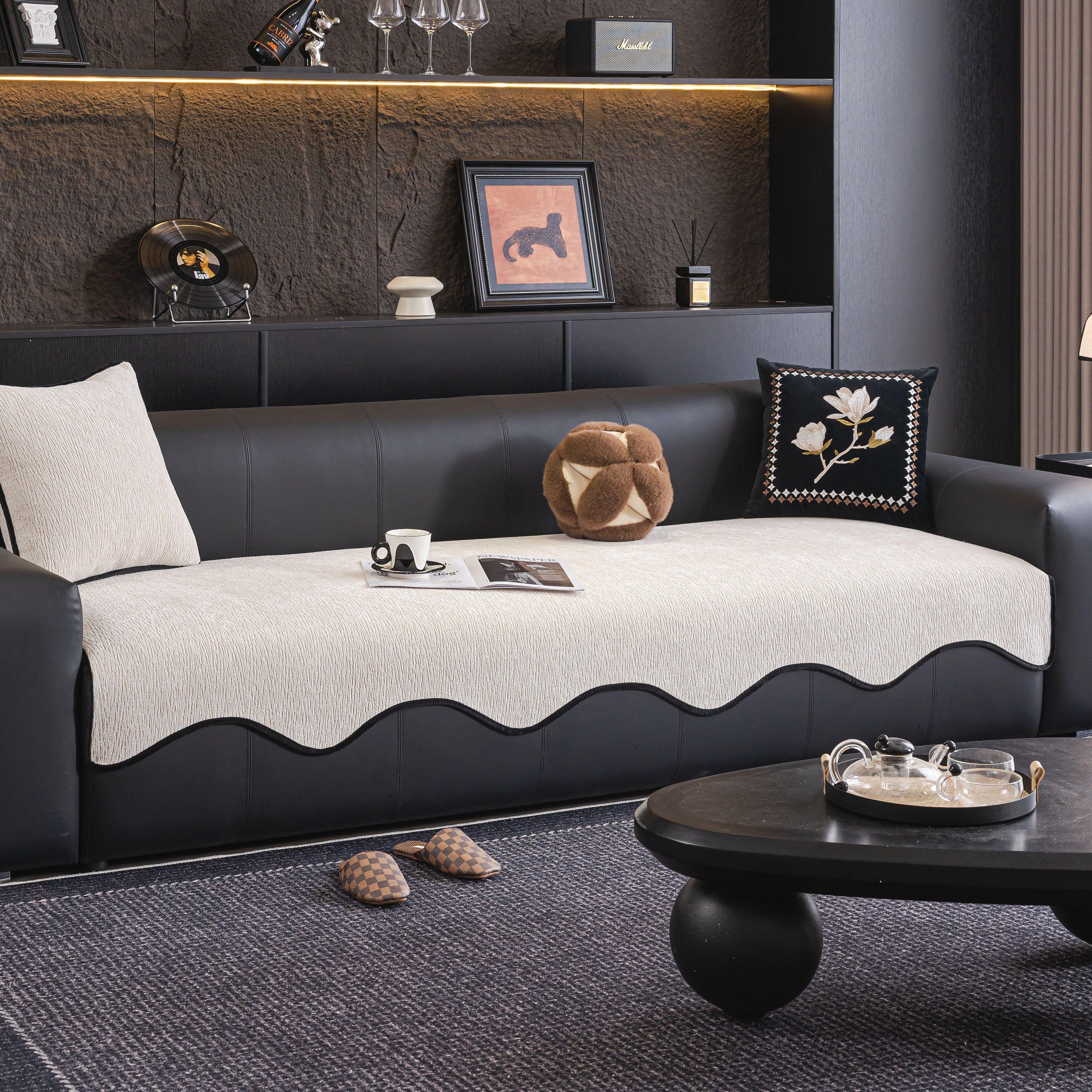 Chenille Couch Cover with Scalloped Edge, Non-Slip Modular Slipcover Sectional - TaroTextile