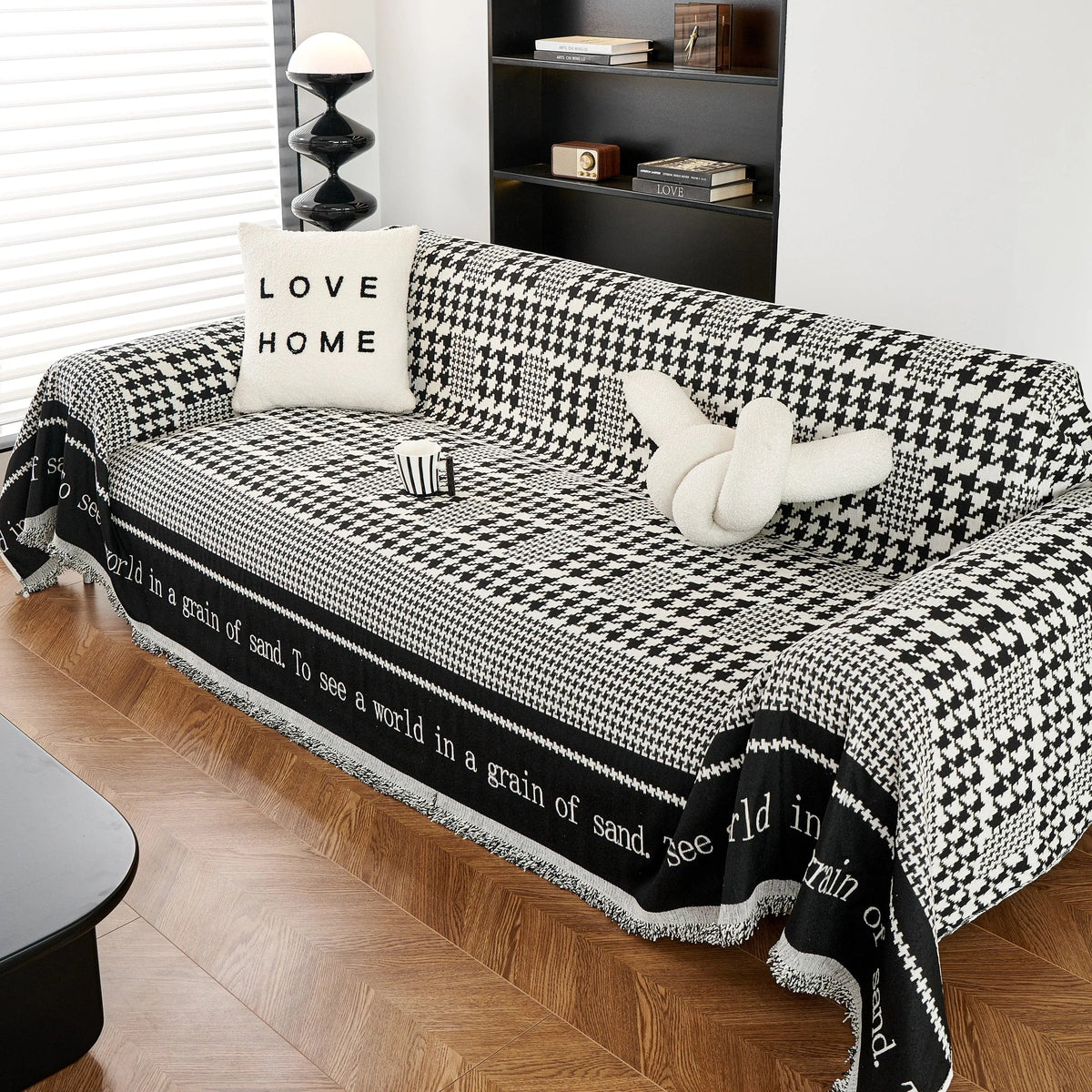 Chenille Houndstooth Couch Cover, Chaise Lounge Blanket Cover, Sectional Couch Scratch Protector - TaroTextile