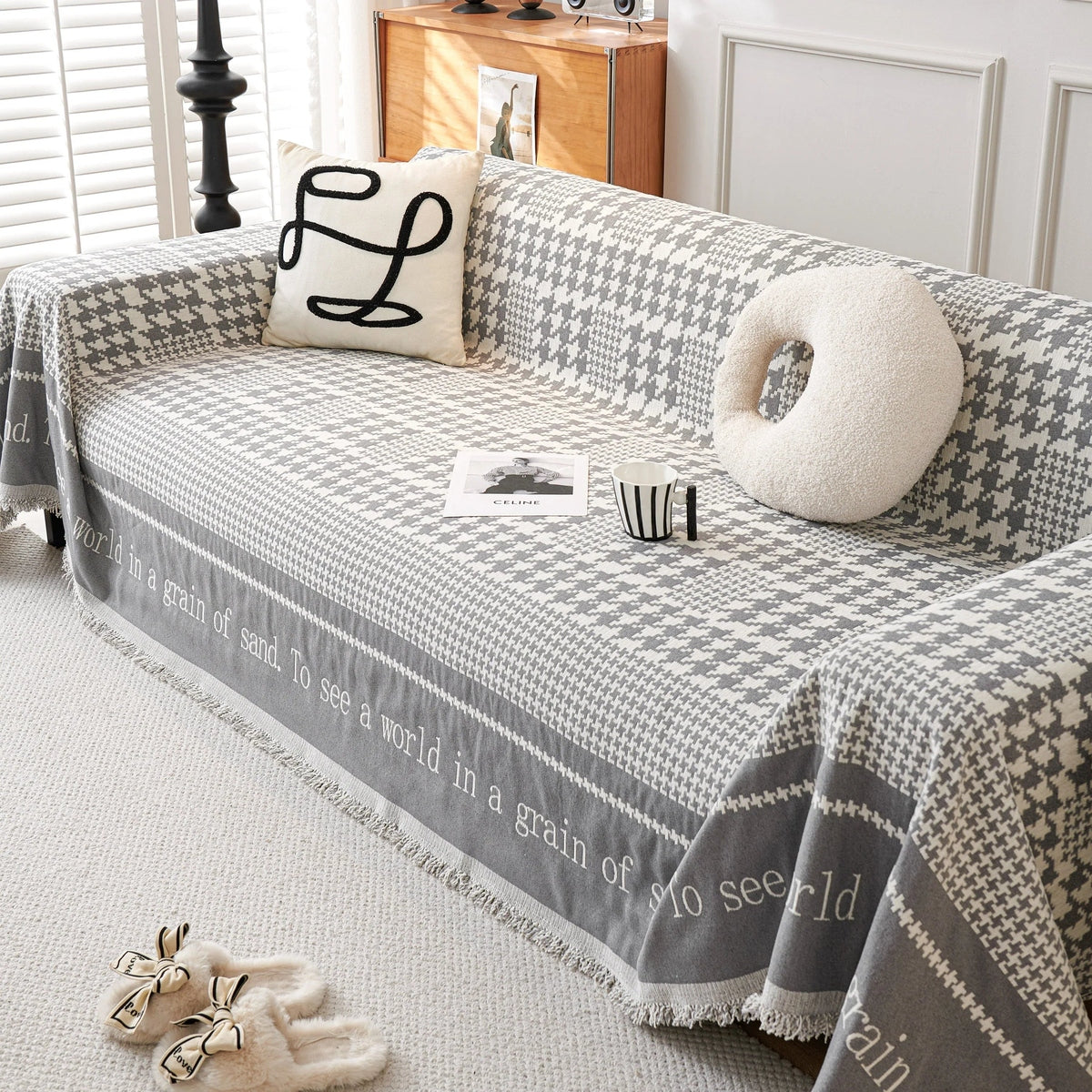 Chenille Houndstooth Couch Cover, Chaise Lounge Blanket Cover, Sectional Couch Scratch Protector - TaroTextile