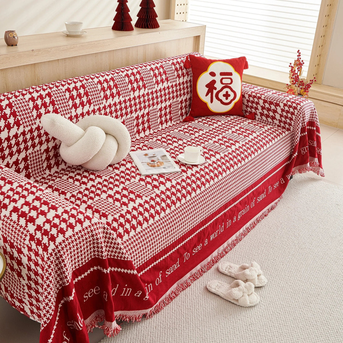 Chenille Houndstooth Couch Cover, Chaise Lounge Blanket Cover, Sectional Couch Scratch Protector - TaroTextile