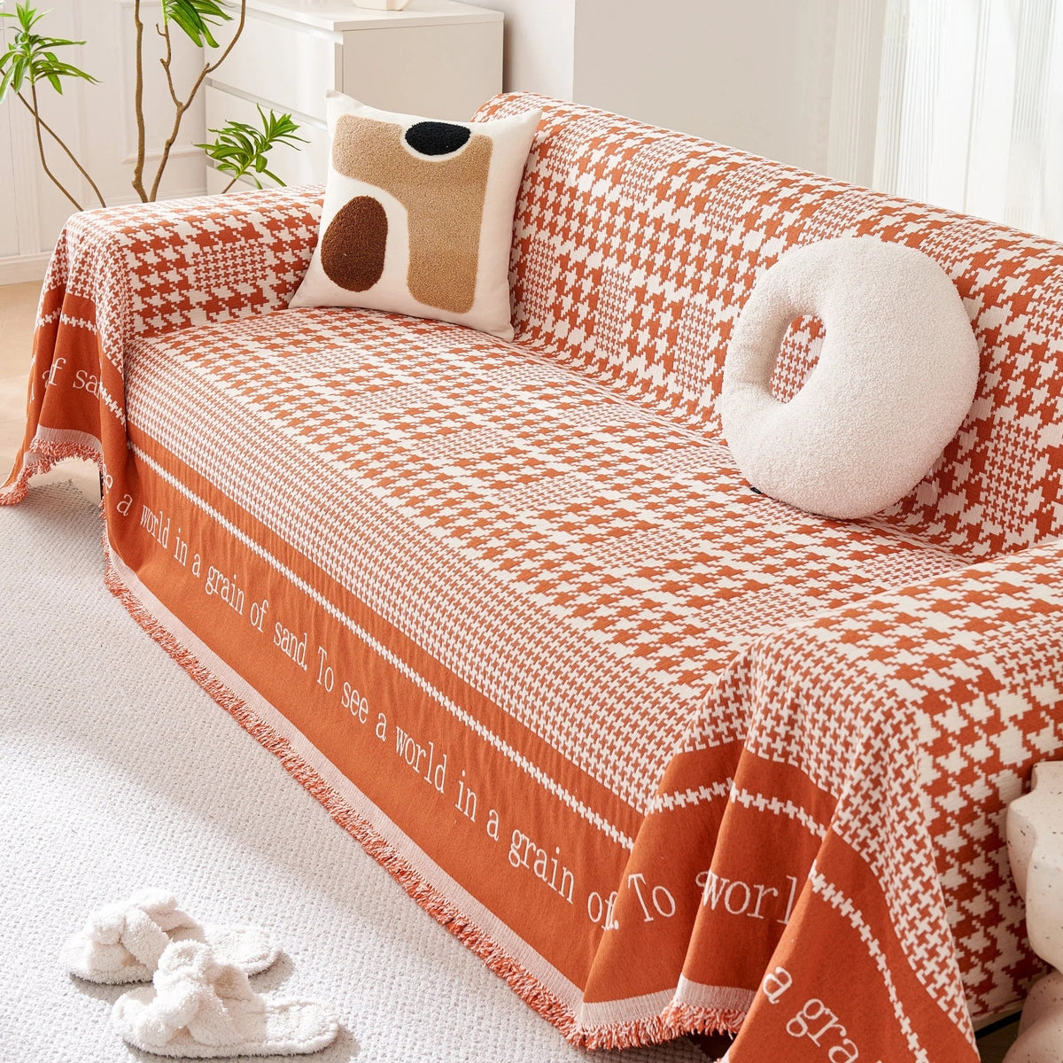 Chenille Houndstooth Couch Cover, Chaise Lounge Blanket Cover, Sectional Couch Scratch Protector - TaroTextile