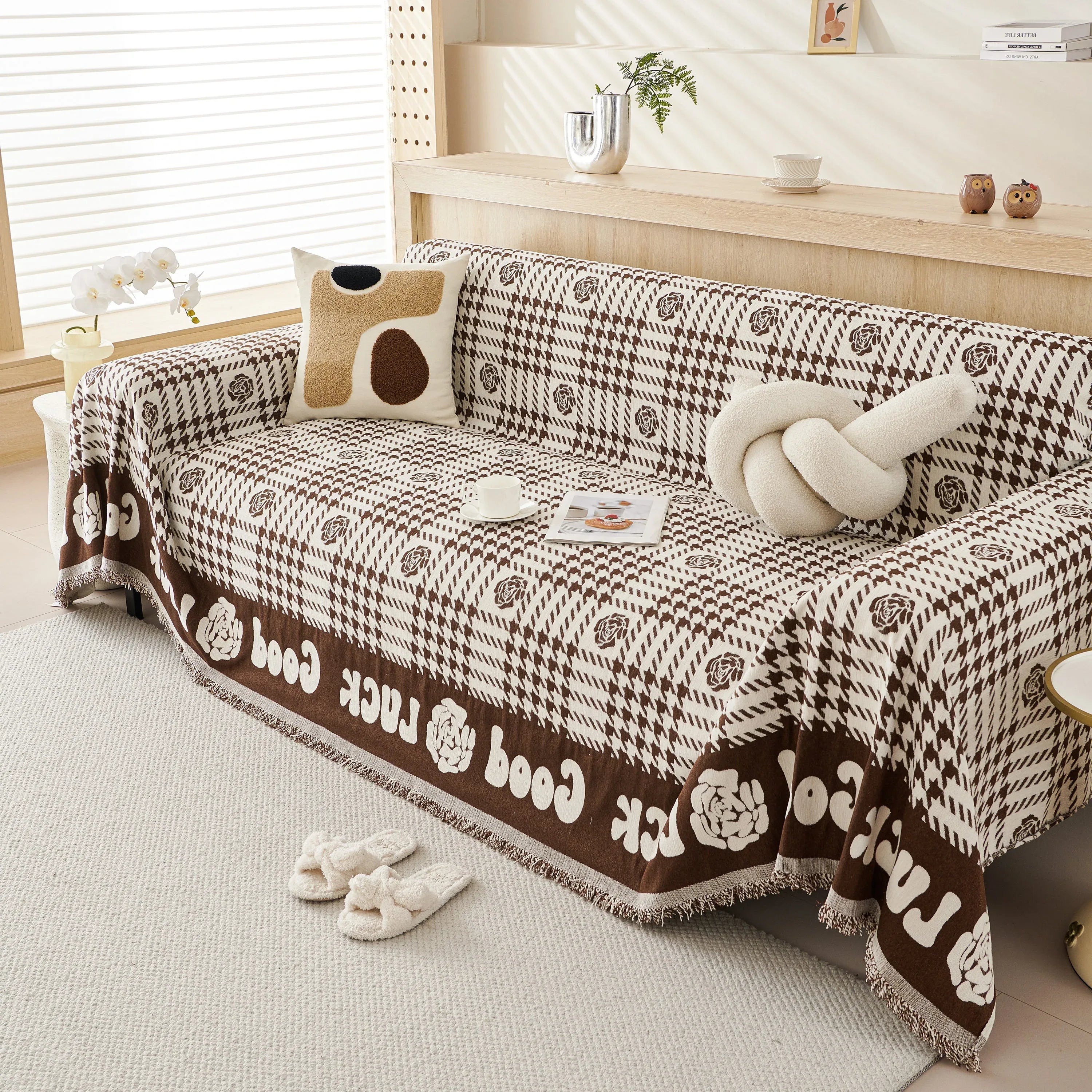Chenille Houndstooth Sofa Throw Cover, Scratch Proof Cozy Throw Blankets for Couch - TaroTextile