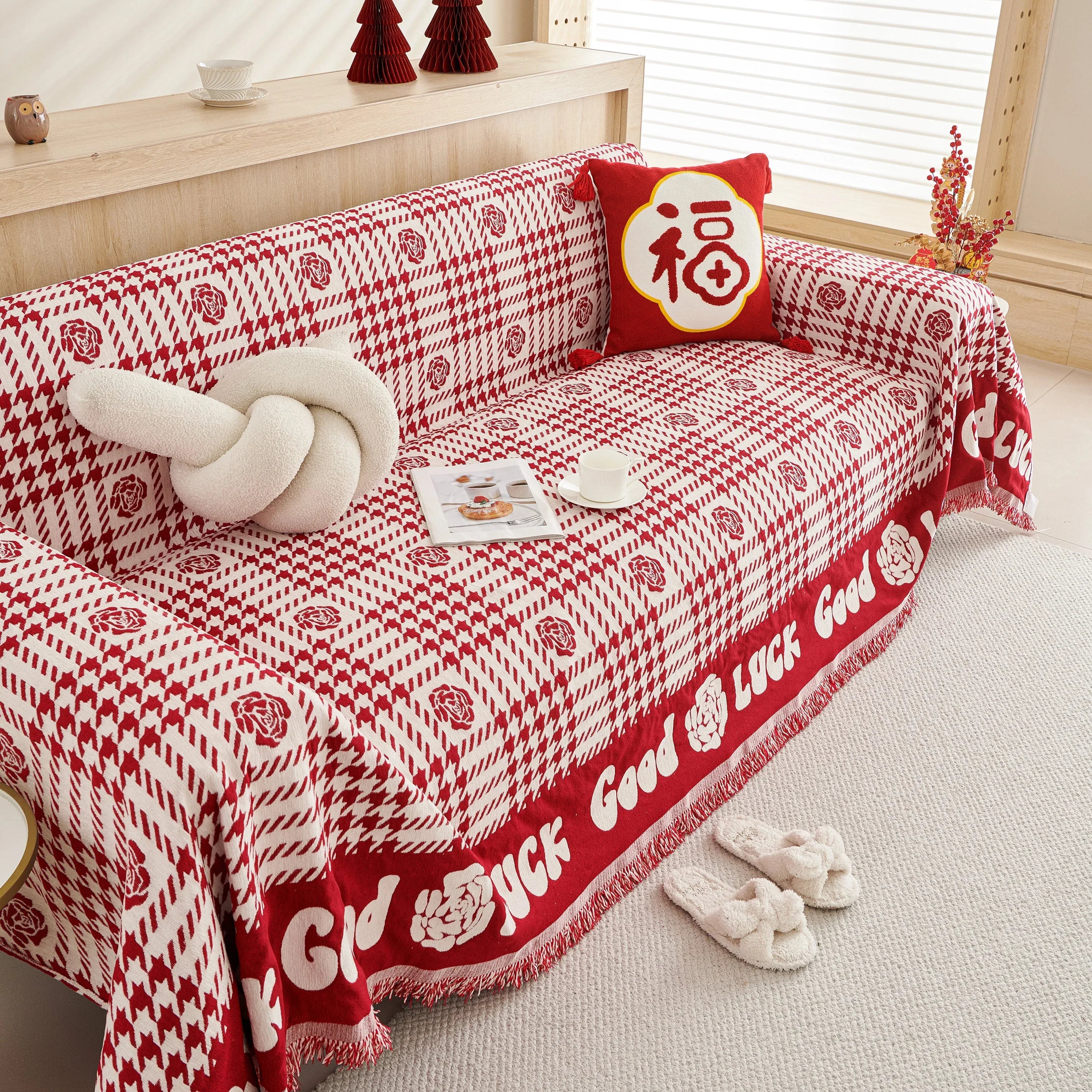 Chenille Houndstooth Sofa Throw Cover, Scratch Proof Cozy Throw Blankets for Couch - TaroTextile