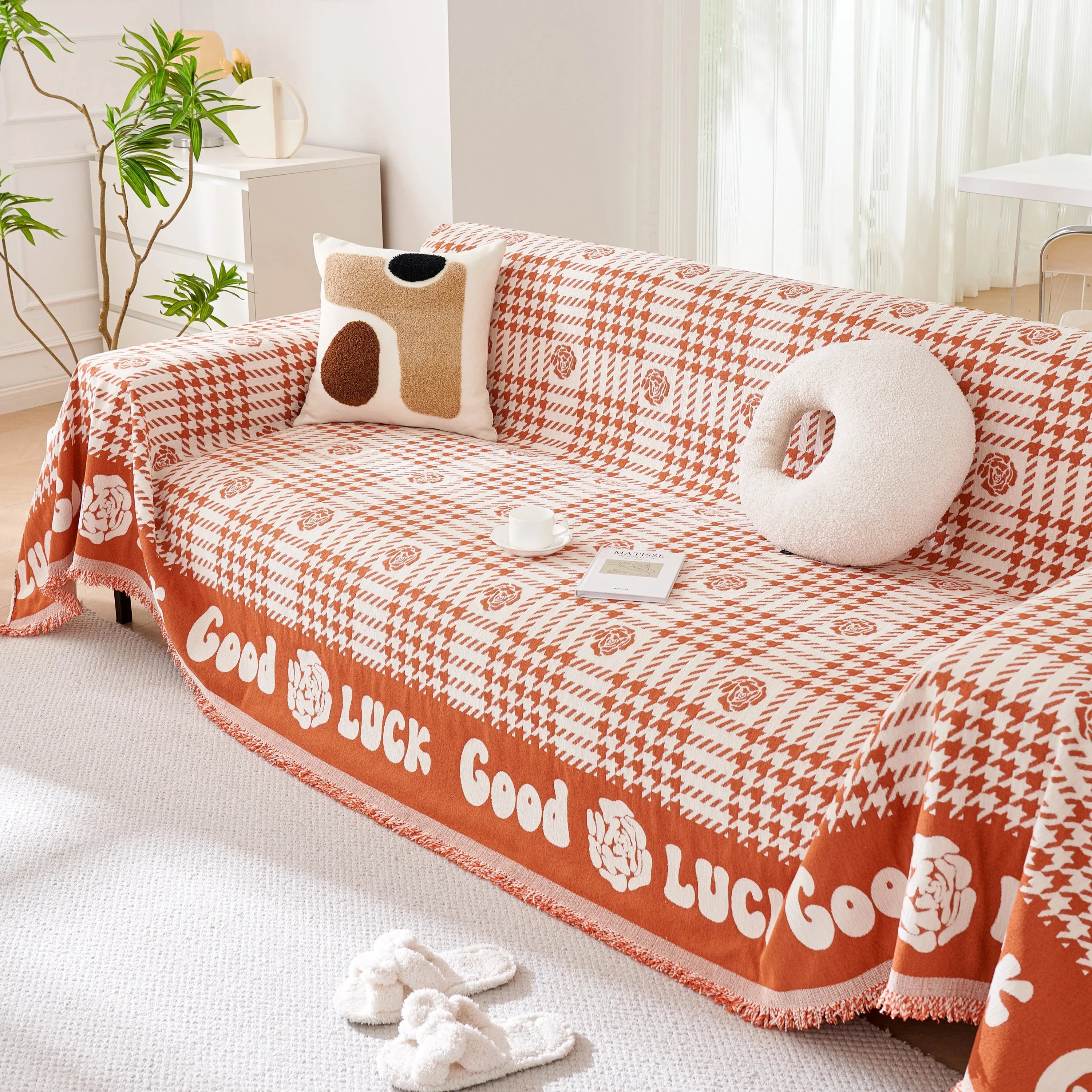 Chenille Houndstooth Sofa Throw Cover, Scratch Proof Cozy Throw Blankets for Couch - TaroTextile