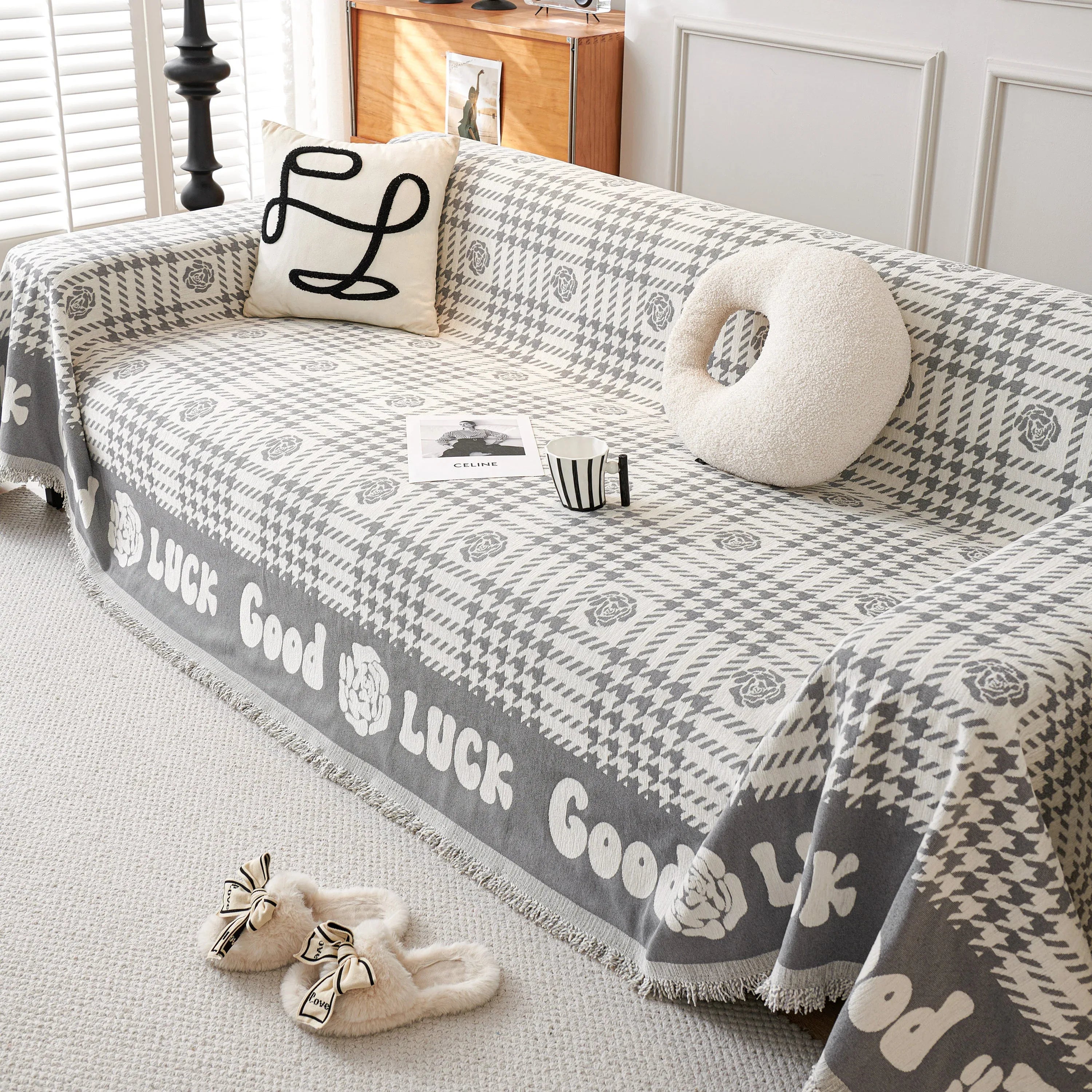 Chenille Houndstooth Sofa Throw Cover, Scratch Proof Cozy Throw Blankets for Couch - TaroTextile