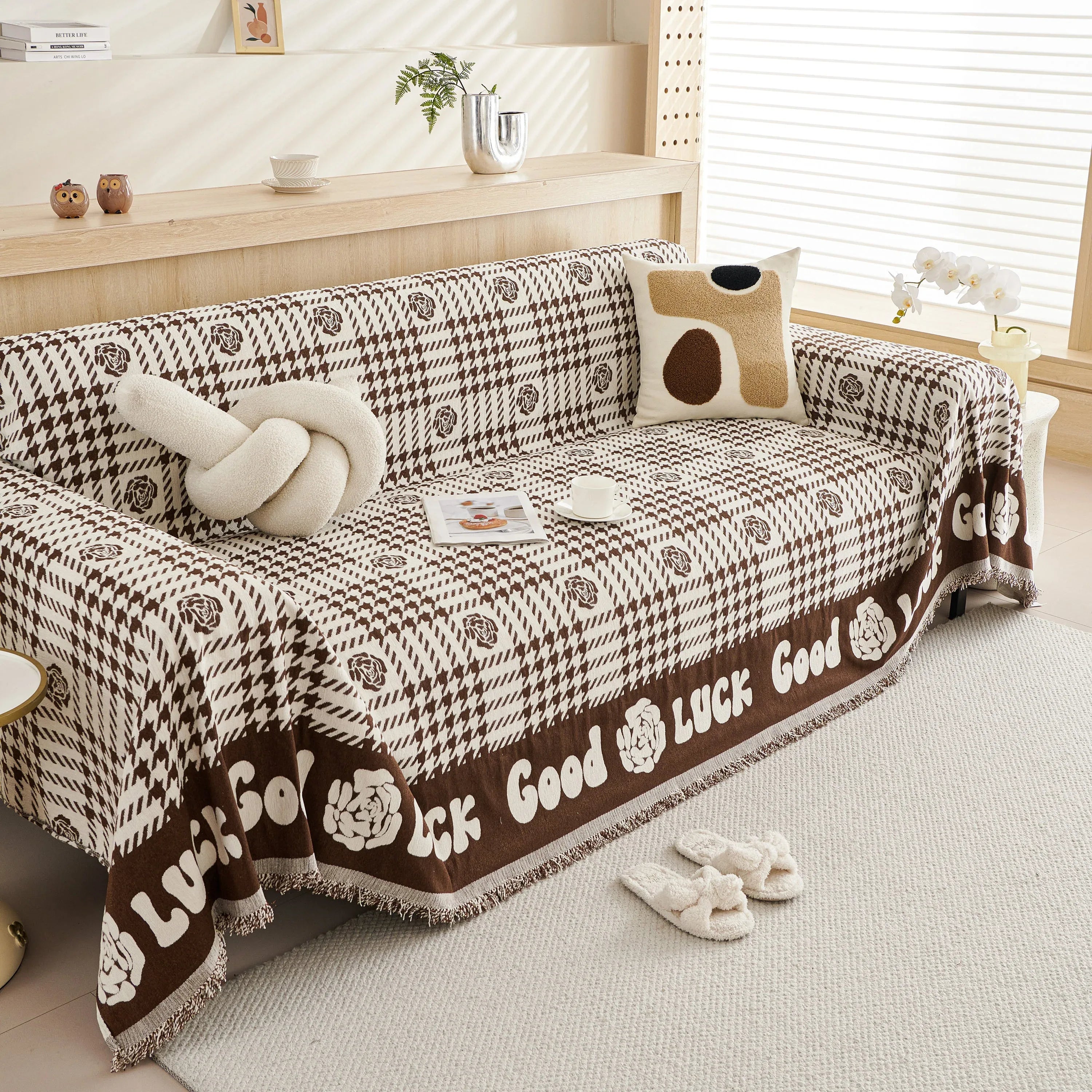 Chenille Houndstooth Sofa Throw Cover, Scratch Proof Cozy Throw Blankets for Couch - TaroTextile