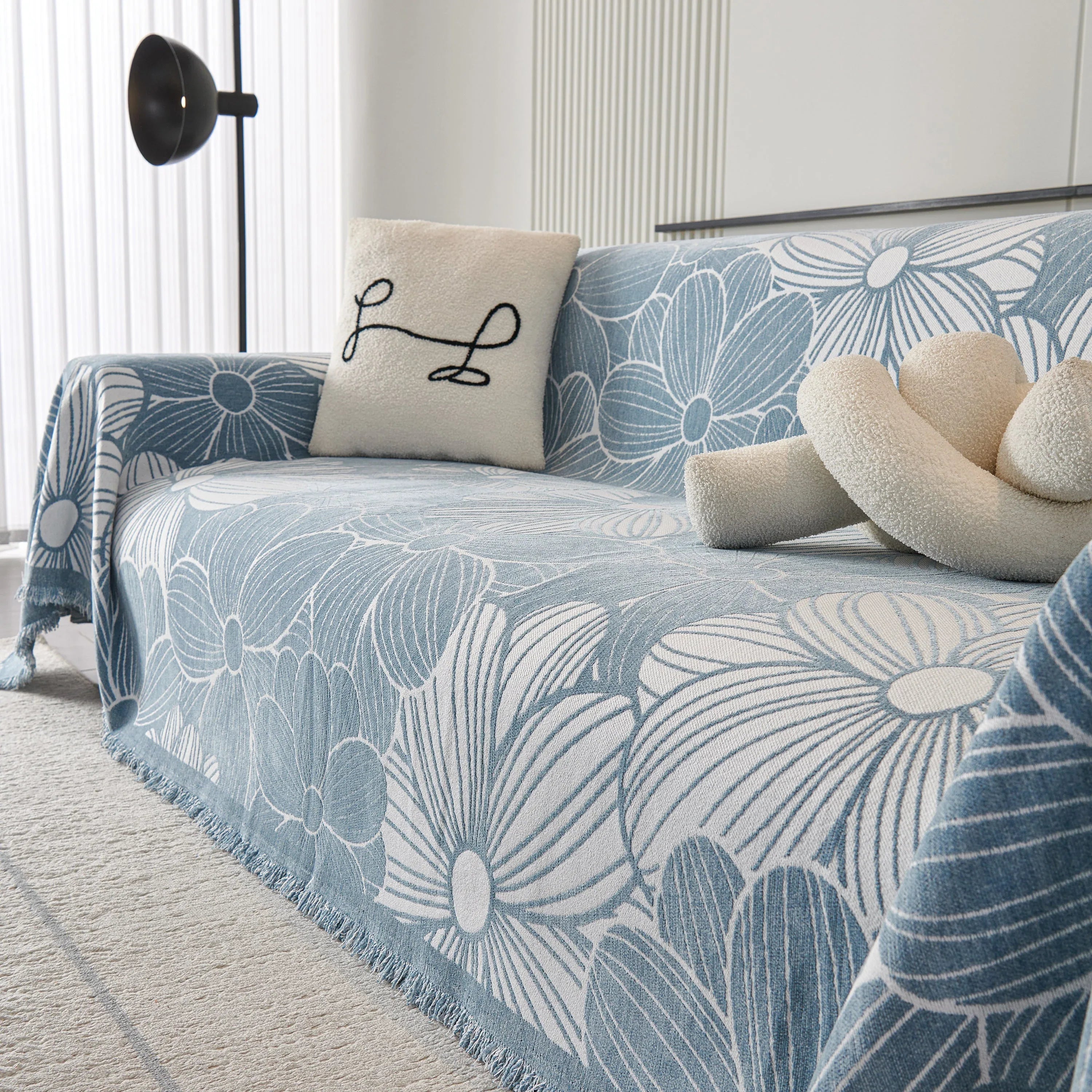 Chenille Jacquard Sofa Throw Cover with Tassels, All-Season Furniture Protector for Home and Office - TaroTextile