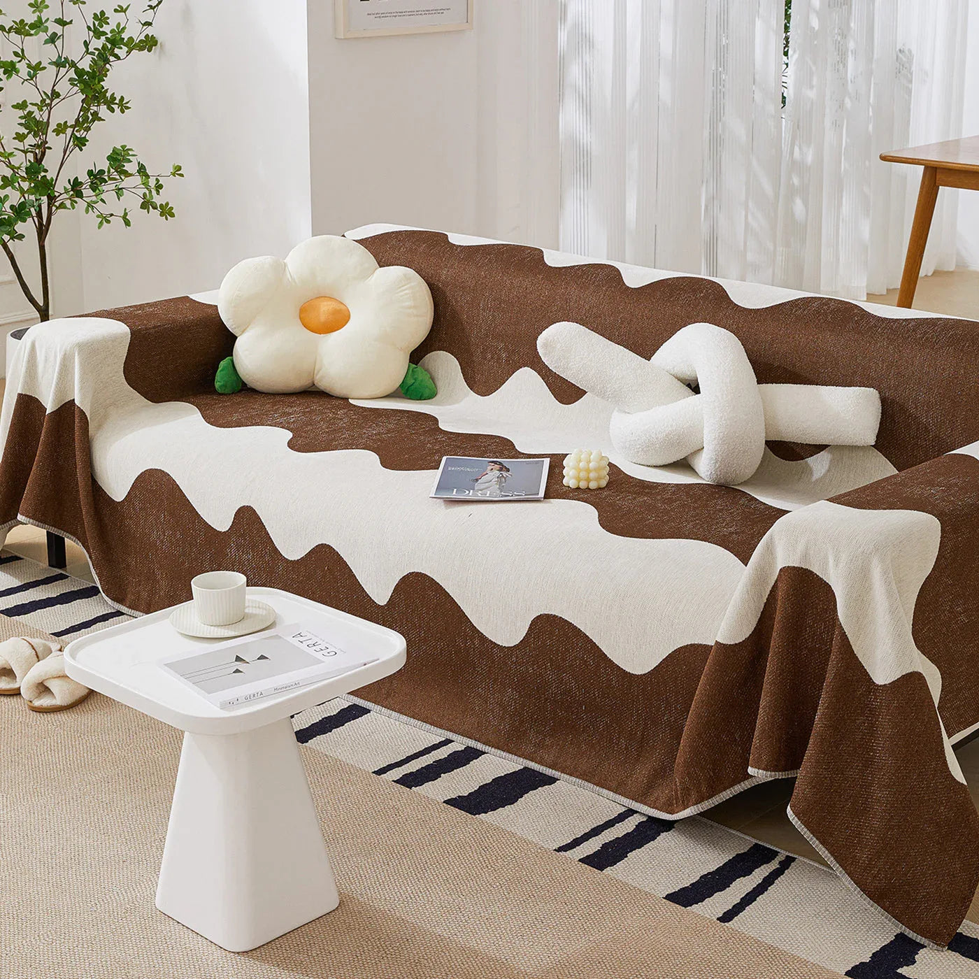 Chenille Minimalist Wavy Sofa Throw Cover, Cozy Blankets for Couch, Machine Washable Couch Protector - TaroTextile