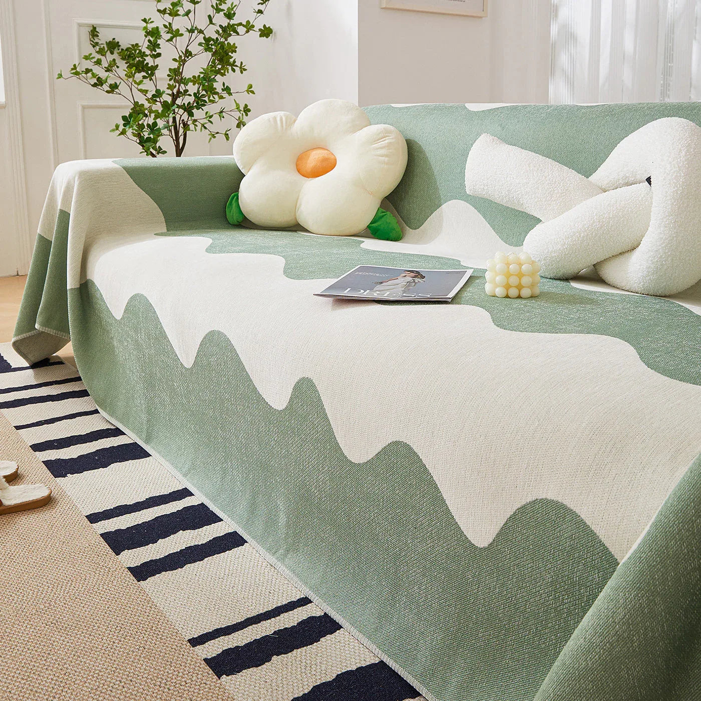 Chenille Minimalist Wavy Sofa Throw Cover, Cozy Blankets for Couch, Machine Washable Couch Protector - TaroTextile