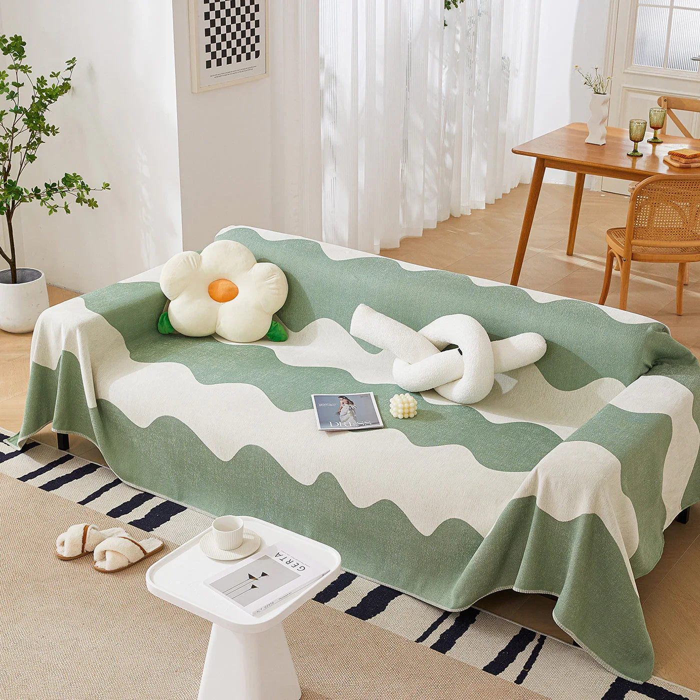 Chenille Minimalist Wavy Sofa Throw Cover, Cozy Blankets for Couch, Machine Washable Couch Protector - TaroTextile