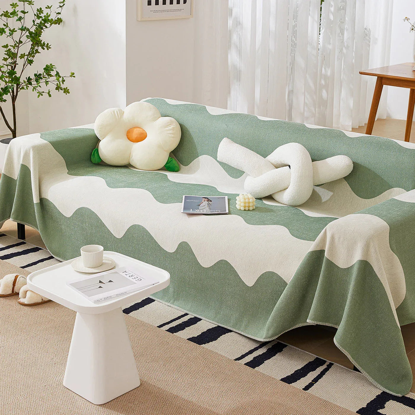 Chenille Minimalist Wavy Sofa Throw Cover, Cozy Blankets for Couch, Machine Washable Couch Protector - TaroTextile