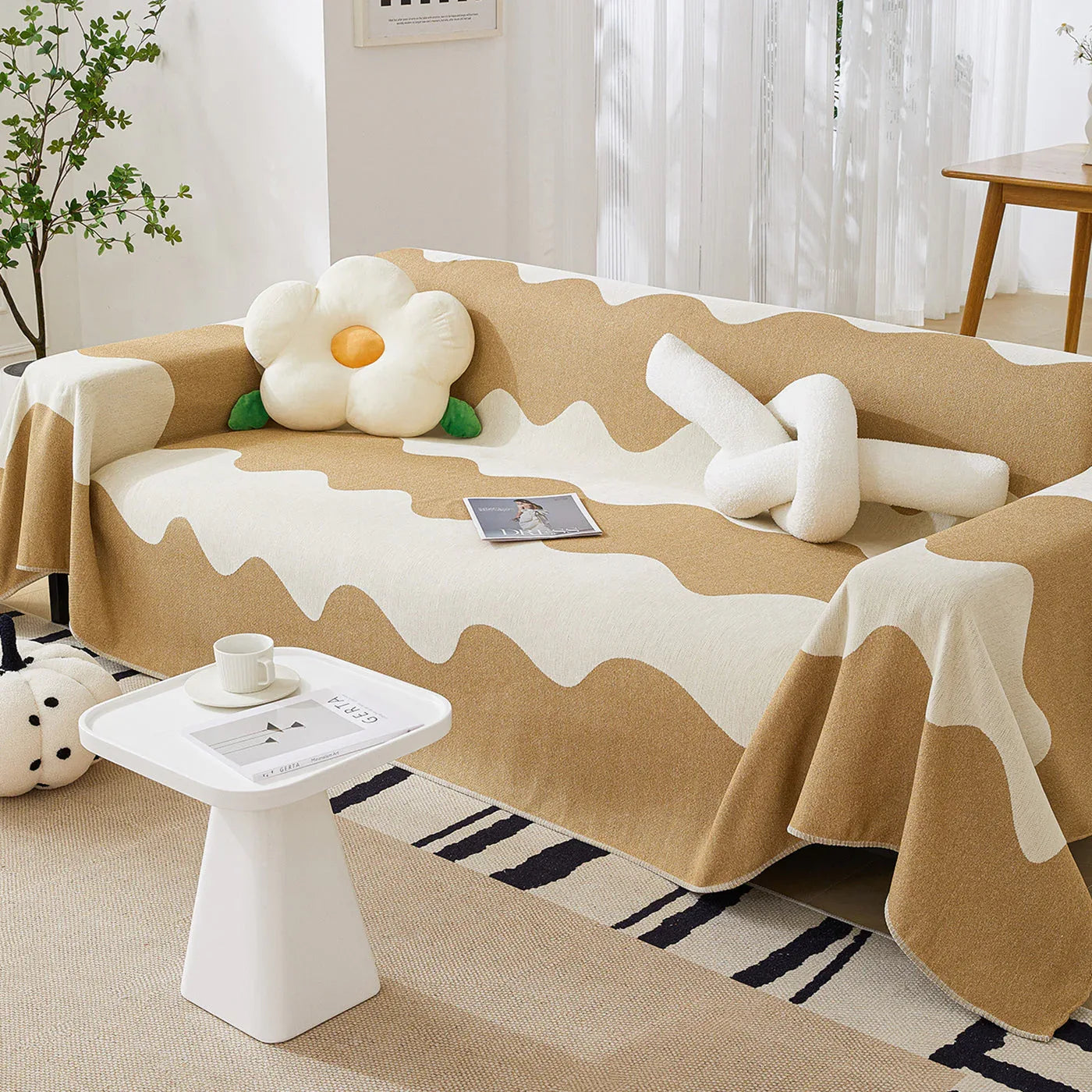Chenille Minimalist Wavy Sofa Throw Cover, Cozy Blankets for Couch, Machine Washable Couch Protector - TaroTextile