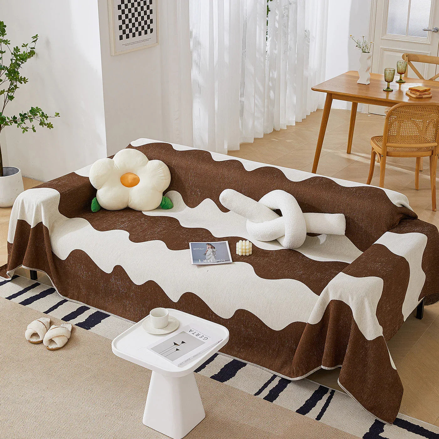 Chenille Minimalist Wavy Sofa Throw Cover, Cozy Blankets for Couch, Machine Washable Couch Protector - TaroTextile