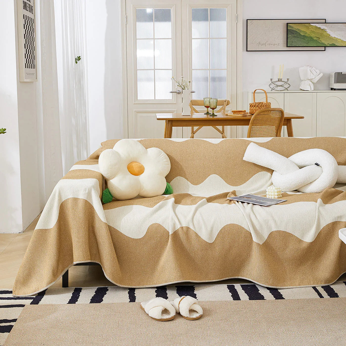 Chenille Minimalist Wavy Sofa Throw Cover, Cozy Blankets for Couch, Machine Washable Couch Protector - TaroTextile