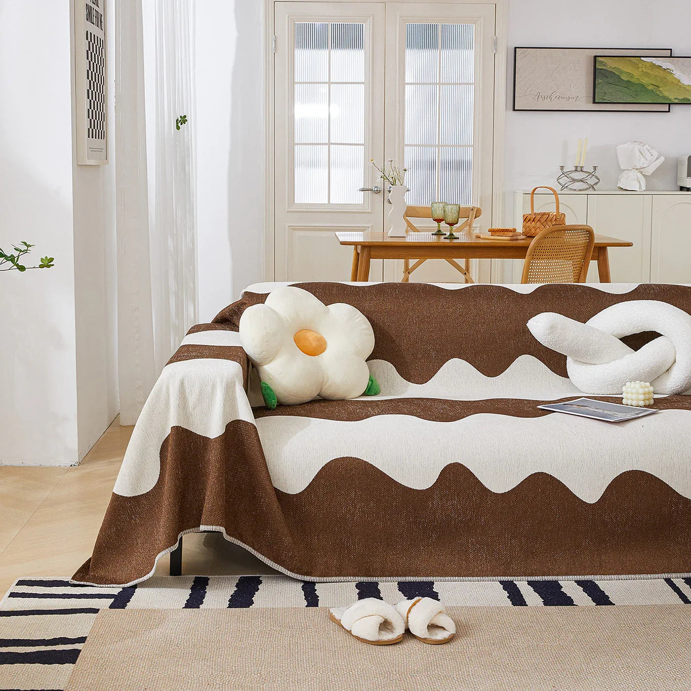 Chenille Minimalist Wavy Sofa Throw Cover, Cozy Blankets for Couch, Machine Washable Couch Protector - TaroTextile