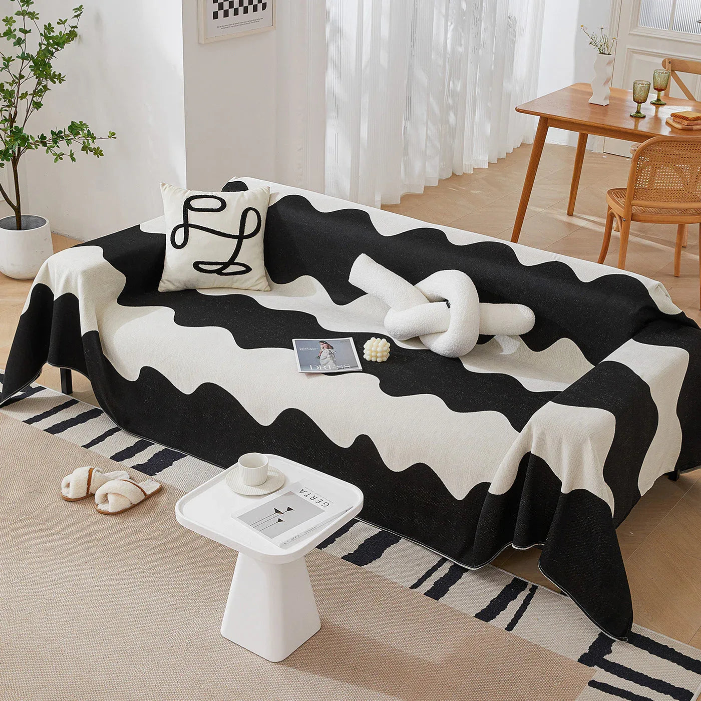 Chenille Minimalist Wavy Sofa Throw Cover, Cozy Blankets for Couch, Machine Washable Couch Protector - TaroTextile