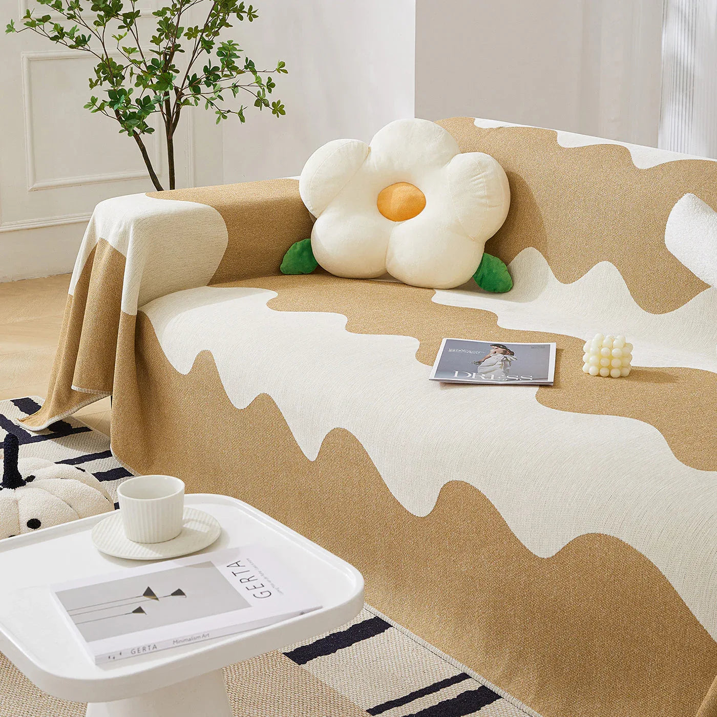 Chenille Minimalist Wavy Sofa Throw Cover, Cozy Blankets for Couch, Machine Washable Couch Protector - TaroTextile