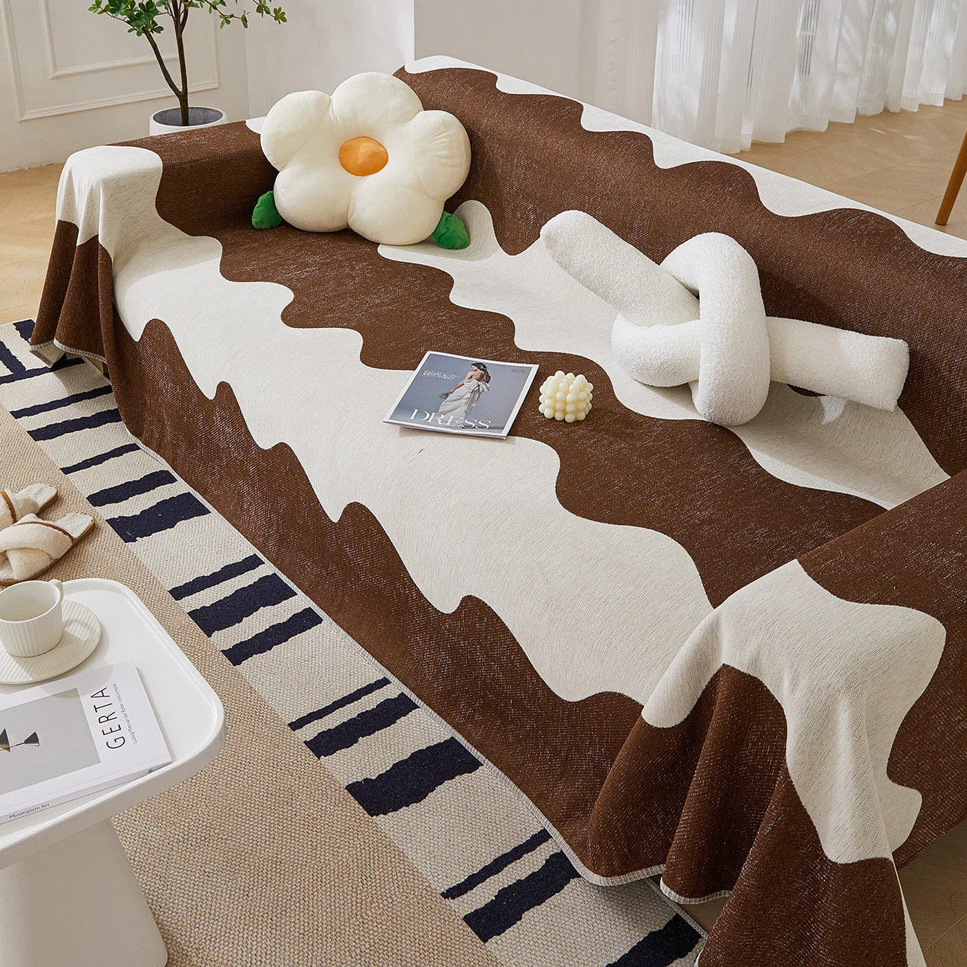 Chenille Minimalist Wavy Sofa Throw Cover, Cozy Blankets for Couch, Machine Washable Couch Protector - TaroTextile