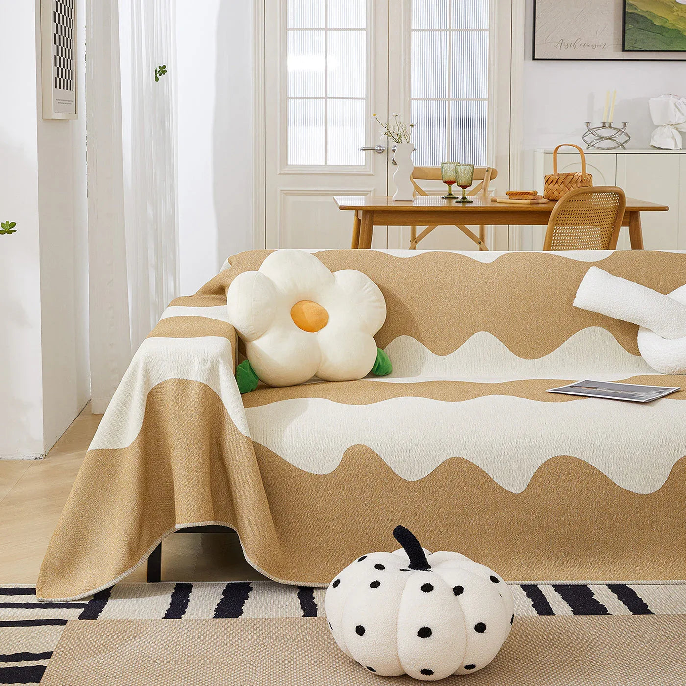 Chenille Minimalist Wavy Sofa Throw Cover, Cozy Blankets for Couch, Machine Washable Couch Protector - TaroTextile