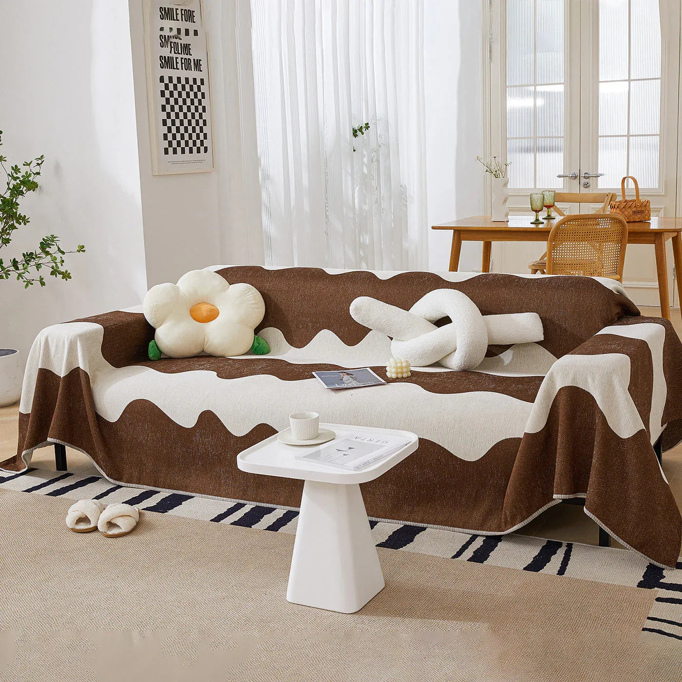 Chenille Minimalist Wavy Sofa Throw Cover, Cozy Blankets for Couch, Machine Washable Couch Protector - TaroTextile