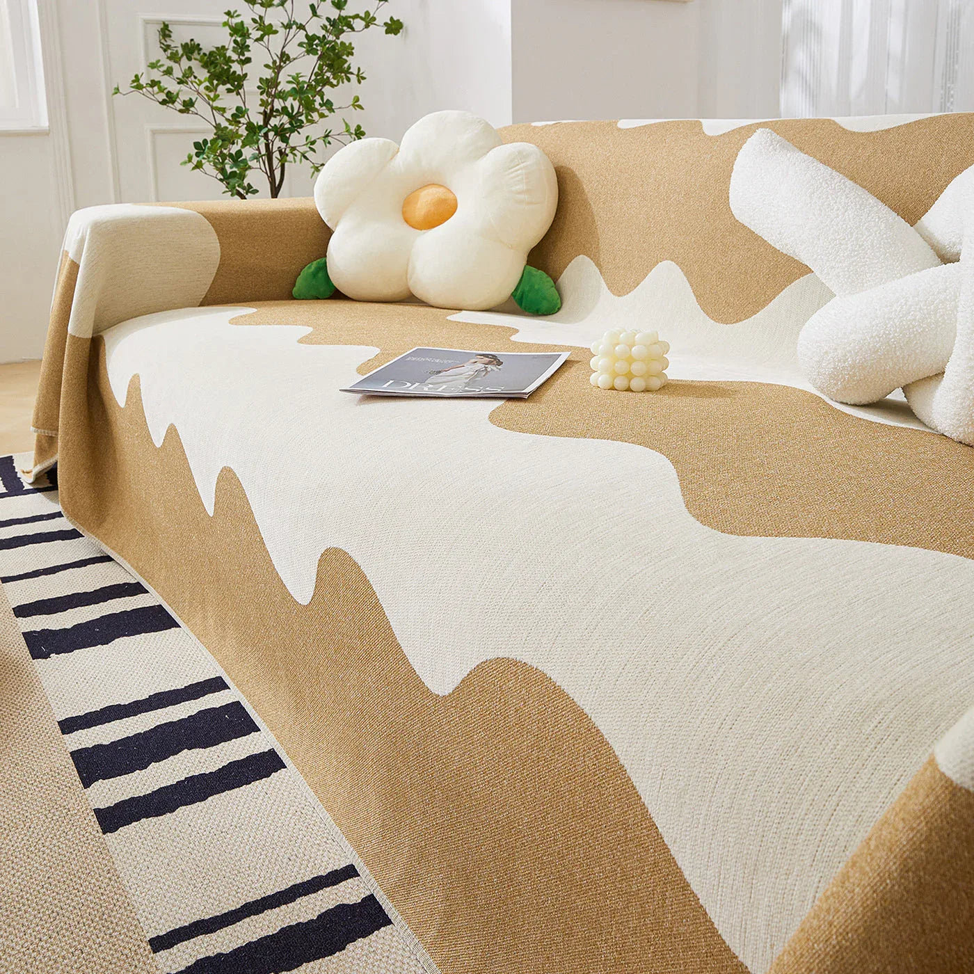 Chenille Minimalist Wavy Sofa Throw Cover, Cozy Blankets for Couch, Machine Washable Couch Protector - TaroTextile