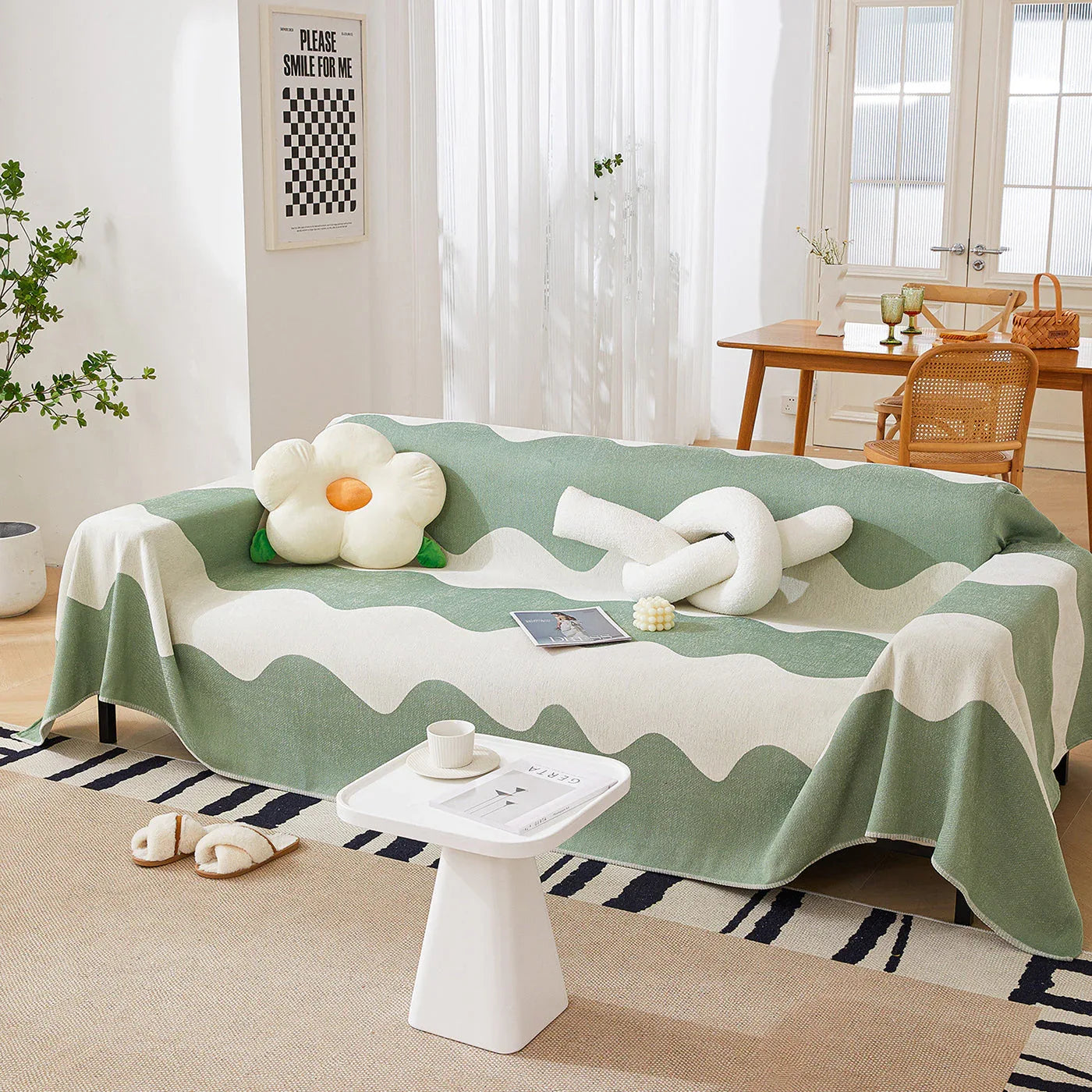 Chenille Minimalist Wavy Sofa Throw Cover, Cozy Blankets for Couch, Machine Washable Couch Protector - TaroTextile