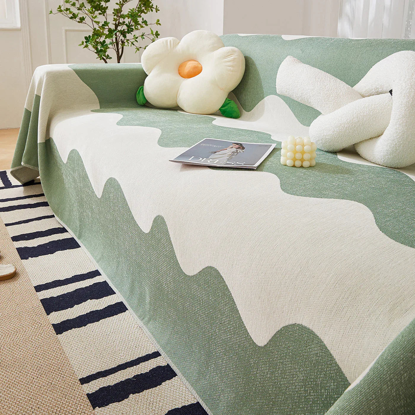 Chenille Minimalist Wavy Sofa Throw Cover, Cozy Blankets for Couch, Machine Washable Couch Protector - TaroTextile