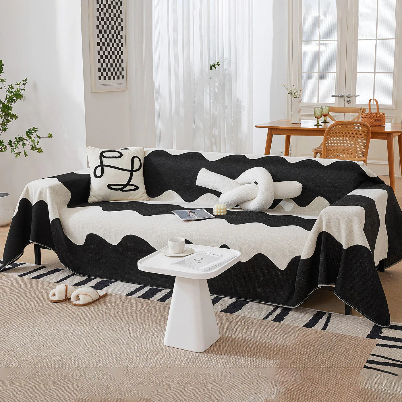 Chenille Minimalist Wavy Sofa Throw Cover, Cozy Blankets for Couch, Machine Washable Couch Protector - TaroTextile